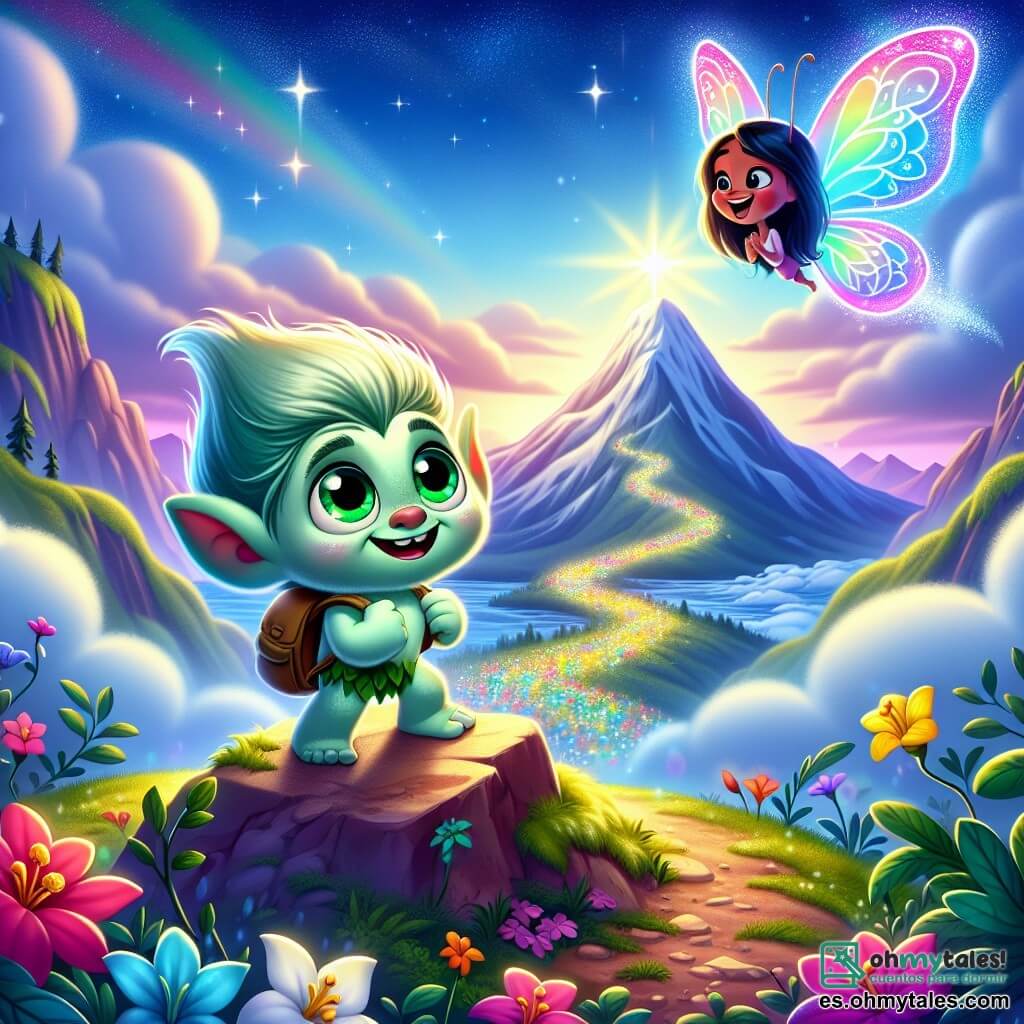 Trolino, un pequeño troll de piel verde claro y grandes ojos esmeralda, está en la cima de una montaña, su rostro iluminado por una mezcla de emoción y determinación. Lleva una pequeña mochila hecha de hojas y una campanilla brillante alrededor de su cuello, mientras mira con valentía hacia un camino luminoso que se extiende ante él. Cerca, Lila, una mariposa colorida con alas brillantes, vuela alegremente alrededor de Trolino, sus alas vibrantes de azul y rosa crean un arcoíris en el aire. Ella parece animar a Trolino con una sonrisa amistosa, añadiendo un toque de magia a la escena. El paisaje es de ensueño, con nubes suaves y esponjosas flotando alrededor de la montaña y flores cantantes de colores vivos bordeando el camino. El cielo es de un azul brillante, salpicado de estrellas centelleantes, incluso durante el día, creando una atmósfera encantada. La situación principal muestra a Trolino, decidido a enfrentar sus miedos, listo para tomar el camino luminoso que lo llevará a descubrir su verdadero yo, mientras Lila lo anima con entusiasmo, simbolizando la amistad y el apoyo en esta aventura mágica.