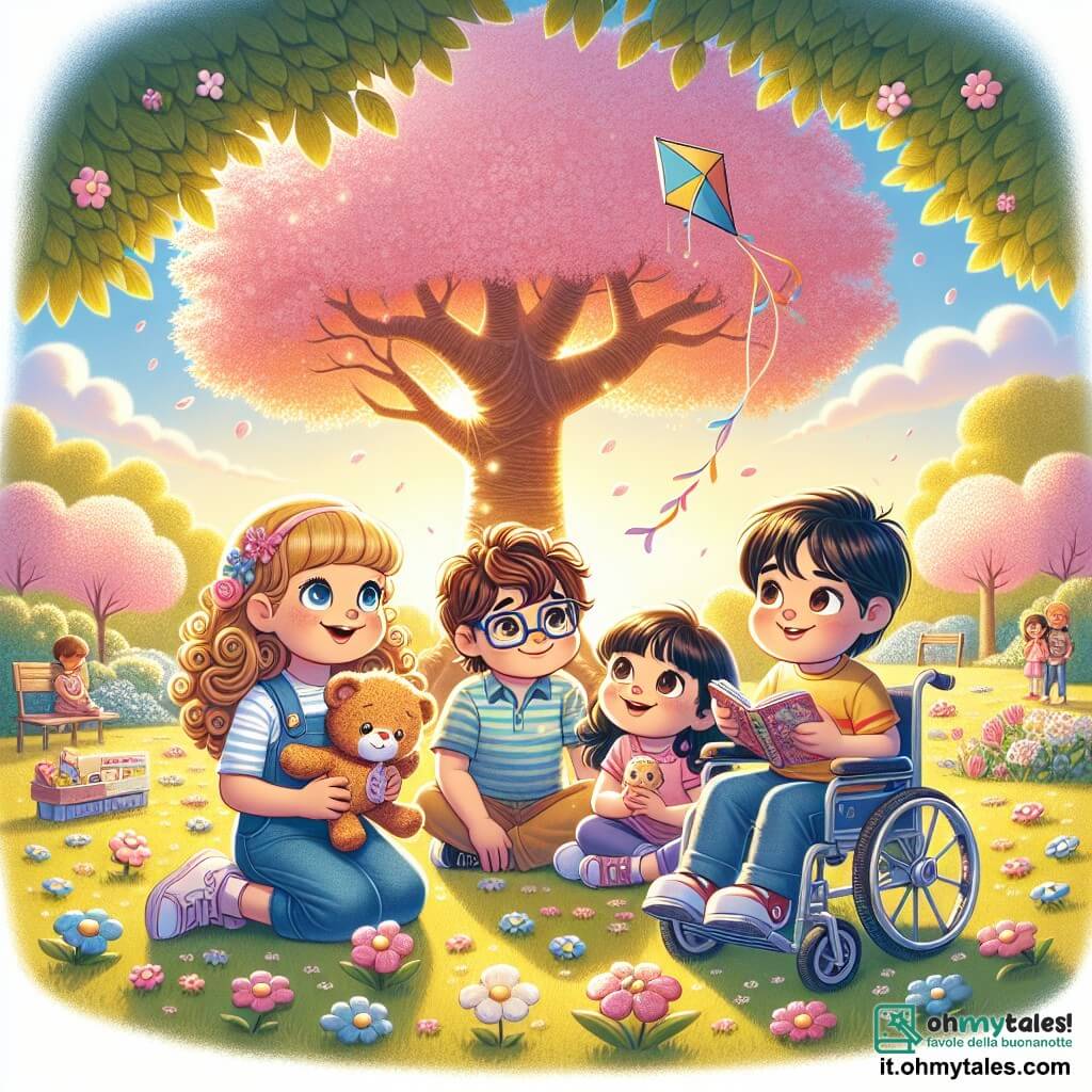In un parco luminoso, sotto un grande albero di ciliegio in fiore, quattro amici sono insieme. Marco, un ragazzo di 10 anni con capelli castani e occhiali, sorride mentre guarda un aquilone colorato che ha appena lasciato andare. A destra, Giulia, una ragazza di 9 anni con capelli biondi e ricci, abbraccia il suo peluche con occhi pieni di entusiasmo. A sinistra, Samuele, un ragazzo di 10 anni con capelli castani e occhi curiosi, osserva il cielo con meraviglia. Infine, Paolo, un ragazzo di 11 anni con capelli neri e corti, è seduto sulla sua sedia a rotelle, tenendo un libro di poesia, pronto a condividere le sue parole dolci. Il parco è illuminato da una luce dorata, con fiori colorati che danzano nel vento e un cielo blu punteggiato di nuvole bianche. L'albero di ciliegio, maestoso, è coperto di fiori rosa, creando un'atmosfera magica e pacifica. I quattro amici celebrano la memoria del nonno di Marco lasciando andare un aquilone verso le stelle, simboleggiando il loro amore e ricordo, sostenendosi a vicenda in questo momento di tristezza e gioia.