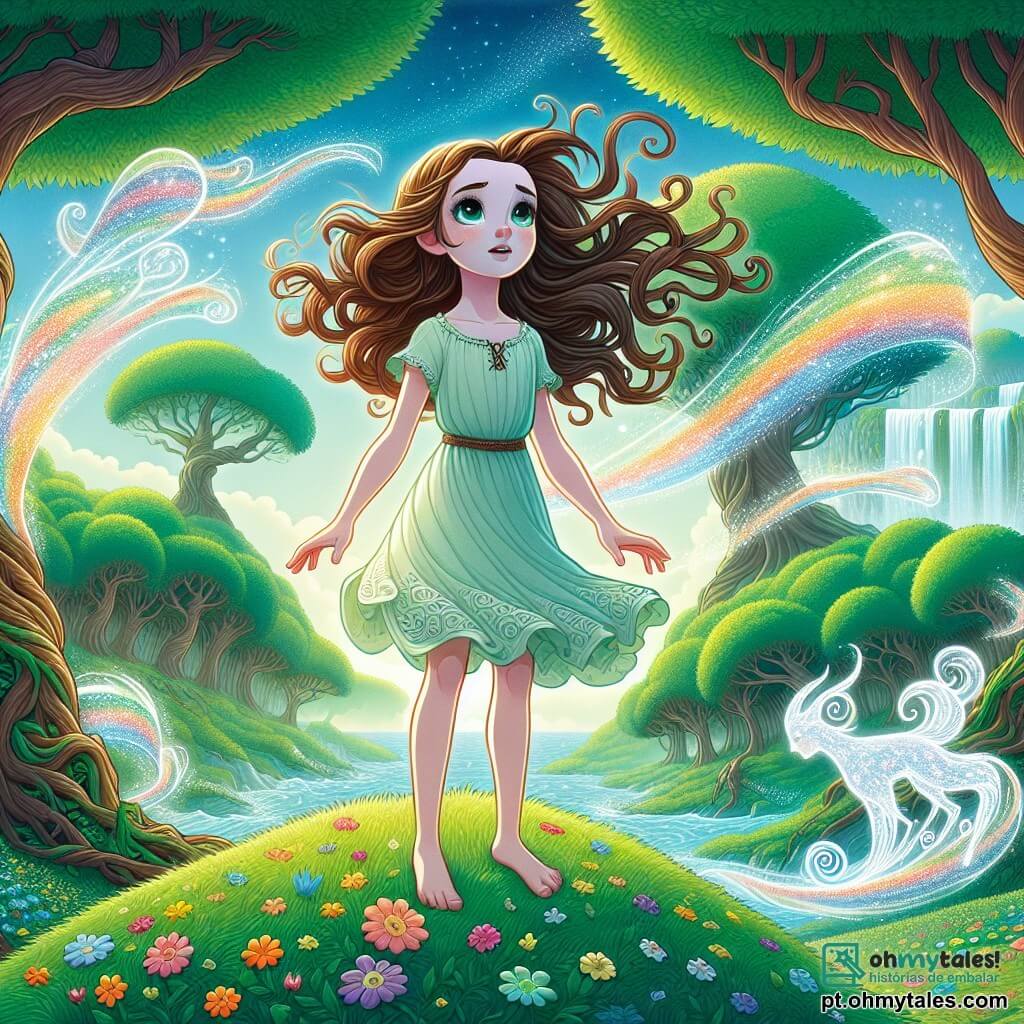 No centro da imagem, uma menina de 12 anos chamada Lúcia, com longos cabelos castanhos ondulados e olhos brilhantes de curiosidade, está em pé em uma colina verdejante. Ela usa um vestido leve em cores pastel, e seu rosto expressa admiração e reflexão. Lúcia olha para longe, como se contemplasse os mistérios do mundo. Ao lado dela, o Vento, um personagem etéreo e invisível, é representado por redemoinhos de vento coloridos, criando uma dança alegre ao redor de Lúcia. Embora não tenha forma física, seus movimentos sugerem uma presença amigável e encorajadora. Ao fundo, uma floresta mágica se estende, com árvores de troncos grossos e folhas cintilantes, enquanto um lago cristalino reflete o céu azul e as nuvens fofas. Flores coloridas pontilham o solo, acrescentando vida a essa paisagem encantadora. A cena principal mostra Lúcia, com os braços abertos, acolhendo o vento que a rodeia, simbolizando sua abertura ao aprendizado e à descoberta. Os raios de sol filtram através das folhas das árvores, criando uma atmosfera calorosa e inspiradora.