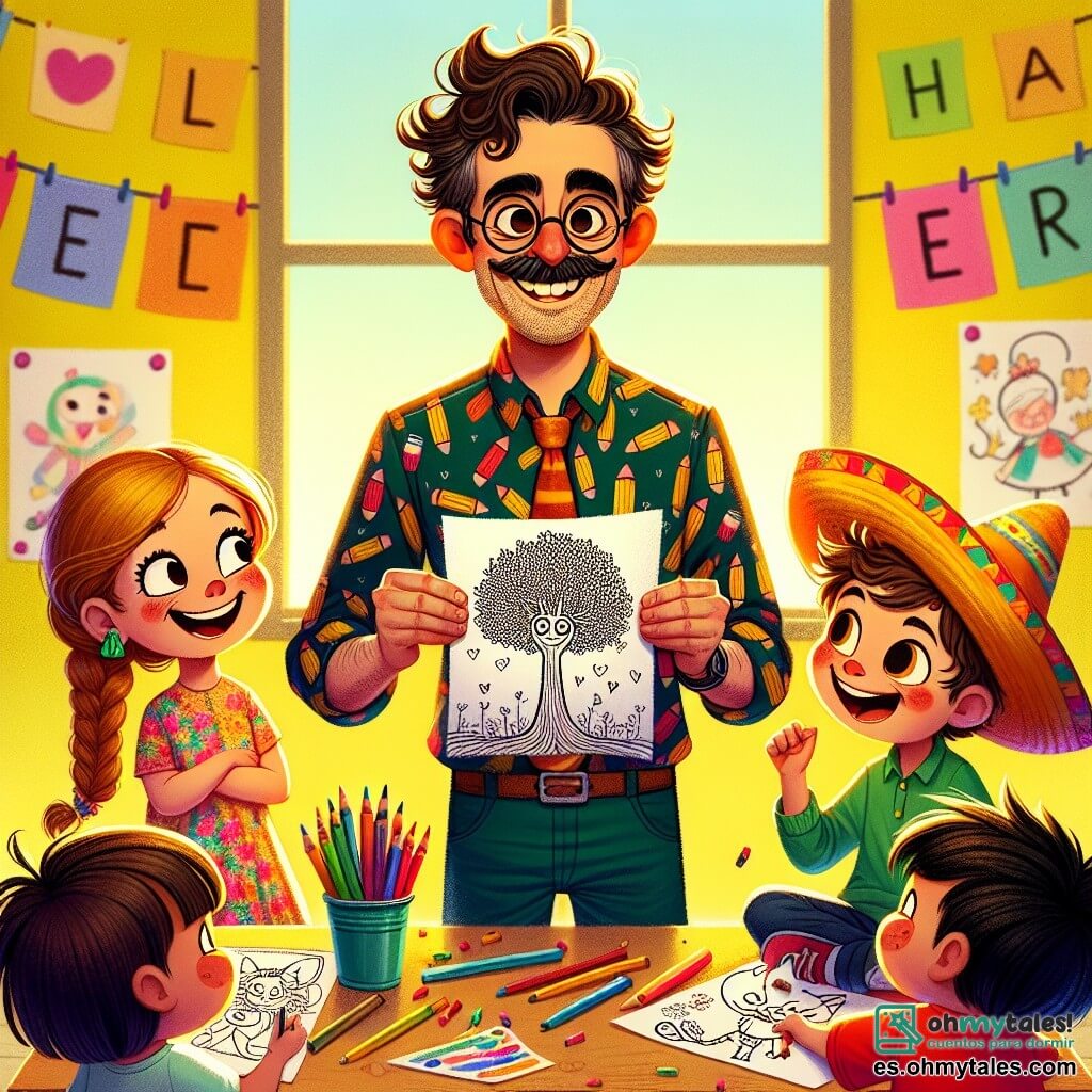 El personaje principal es un hombre, el maestro José, de unos cuarenta años, con cabello castaño ligeramente rizado y gafas redondas. Tiene una gran sonrisa cálida y lleva una camisa colorida con patrones de lápices. Está de pie en el centro de la clase, sosteniendo una hoja de papel, rodeado de niños, y parece muy entusiasta. A su derecha está Clara, una niña de 8 años con largos cabellos rubios trenzados, que lleva un vestido de flores. Ella muestra orgullosamente su dibujo de un gran árbol, con los ojos brillantes de emoción. A la izquierda, Tomás, un niño de 7 años con cabello negro despeinado, lleva una camiseta roja. Se ríe mientras presenta su dibujo de un gato con un sombrero, un poco apartado para que todos puedan ver. La escena se desarrolla en un aula luminosa, con paredes pintadas de amarillo y carteles coloridos que representan letras y números. Las mesas de madera están dispuestas en círculo, y hay lápices y hojas esparcidos sobre las mesas. La situación principal muestra al maestro José y sus alumnos compartiendo sus dibujos en un ambiente alegre y creativo, cada uno expresando su orgullo y entusiasmo por el aprendizaje, con risas y sonrisas radiantes.