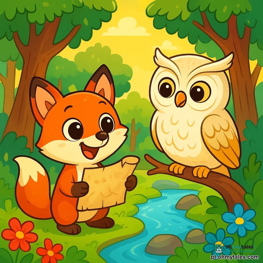 Um pequeno raposo ruivo, chamado Tito, com grandes olhos brilhantes e um sorriso entusiástico, segura um velho pedaço de papel enrolado com suas patas dianteiras, olhando ao redor com curiosidade. Ao seu lado, uma coruja sábia com penas brancas e douradas, empoleirada em um galho baixo, observa Tito com um ar encorajador, seus olhos redondos cheios de sabedoria. A cena se passa em uma floresta encantada, onde árvores majestosas com troncos grossos se erguem em direção ao céu, suas folhas brilhando sob o sol dourado. Flores coloridas, com pétalas vibrantes de vermelho e azul, salpicam o chão, enquanto um riacho cristalino serpenteia suavemente entre as pedras. Tito, animado pela descoberta do tesouro escondido, examina atentamente o velho mapa, enquanto a coruja, com um leve sorriso, parece pronta para ajudá-lo nesta emocionante aventura.