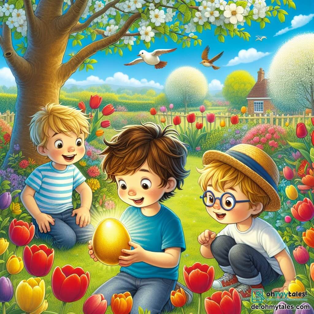 In einem sonnigen Garten sind drei Jungen dabei, Ostereier zu suchen. Max, ein 6-jähriger Junge mit zerzausten braunen Haaren und einem blauen T-Shirt, steht in der Mitte und hält ein glänzendes goldenes Ei in den Händen, seine Augen weit aufgerissen vor Staunen. Links von ihm zeigt Paul, ein 5-jähriger Junge mit blonden Haaren und runden Brillen, mit einem großen Lächeln auf sein Gesicht auf ein rotes Ei, das hinter einer Tulpe versteckt ist. Rechts kniet Tim, ein 5-jähriger Junge mit kastanienbraunen Haaren und einem Strohhut, und sucht konzentriert im Gras nach einem versteckten Ei. Der Garten ist voller bunter Blumen, mit roten, gelben und lila Tulpen und einem großen blühenden Apfelbaum im Hintergrund. Der Himmel ist strahlend blau, gesprenkelt mit einigen fluffigen weißen Wolken, und Vögel singen fröhlich in den Bäumen. Die Szene zeigt die Aufregung der Jungen, während sie ein geheimnisvolles goldenes Ei entdecken, umgeben von Licht, das wie der Schatz ihrer Suche erscheint und das Abenteuer und die Magie von Ostern symbolisiert.