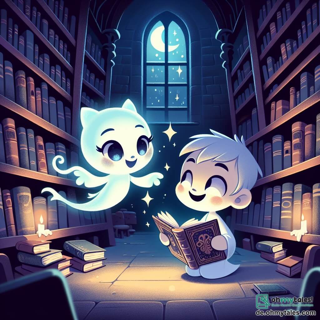 Ein kleiner Geist namens Mia, mit einem durchsichtigen Körper und neugierigen, leuchtenden Augen, schwebt fröhlich in einer alten Bibliothek. Sie hat ein strahlendes Lächeln und kleine Katzenpfoten, die in der Luft schwingen. An ihrer Seite lächelt ein netter Geist namens Max, ein Junge mit ätherischem Erscheinungsbild und verschwommenen Konturen, während er ihr ein altes Buch zeigt. Die Bibliothek ist mit hohen, dunklen Holzregalen gefüllt, die mit bunten Buchcovern beladen sind, und Mondstrahlen filtern durch die staubigen Fenster und schaffen eine magische, geheimnisvolle Atmosphäre. In dieser Szene erkunden Mia und Max zusammen, lachen und blättern durch Bücher, während sie verzauberte Geschichten in einer Welt entdecken, in der Magie und Freundschaft aufeinandertreffen.