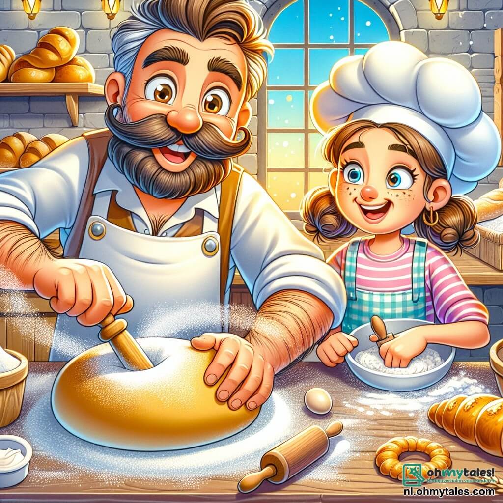 Een man, de bakker Bas, glimlachend en vrolijk, met een grote bruine snor en een witte schort, kneedt een bol deeg in zijn bakkerij. Zijn ogen stralen van opwinding terwijl hij zorgvuldig werkt. Naast hem kijkt Sara, een negenjarig meisje met krullend haar en een verwonderde glimlach, aandachtig toe en houdt een kleine deegroller vast, klaar om te helpen. De bakkerij is warm en uitnodigend, met houten planken vol gouden broden, krokante croissants en kleurrijke taarten. Het ochtendlicht valt door de ramen en verlicht de bloem die in de lucht danst. De hoofdscène toont Bas en Sara die de ingrediënten mengen om een speciaal brood voor het Broodfeest te bereiden, met bloem die om hen heen vliegt en een vrolijke, levendige sfeer creëert.