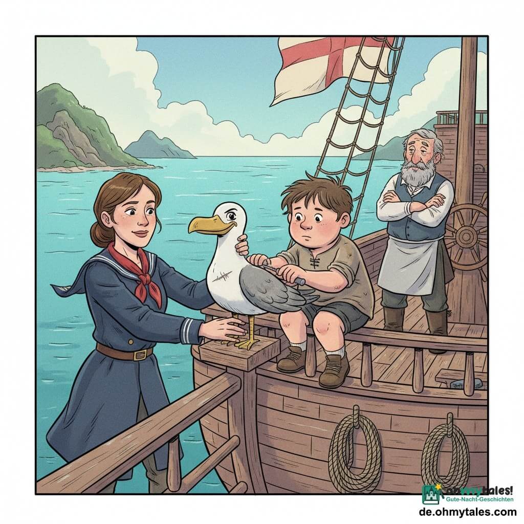Mira, erfahrene Navigatorin, stolz und gelassen, dunkelblauer Seemantel, rotes Halstuch, reicht die Hand, um die bemalte Holzmöwe als Galionsfigur am Mast zu befestigen; Jona, etwa 14, konzentriert, zerzauste Haare, einfache fleckige Hemd, hockt am Relingwulst und schraubt die letzte Planke unter der Figur, raue geschickte Hände; Bodo, kräftiger Koch um 40, zerzauster Bart, hält eine glänzende Pfanne wie ein Schild hinter Jona, freundlich-komische Ausstrahlung; Kapitän Rauk, rund 60, faltiges Gesicht und volle Bartpracht, steht bei der Pinne mit verschränkten Armen, erleichtert aber wachsam; die Galionsfigur: weiß-grau bemalte Möwe mit schelmischem Lächeln und sichtbarer Reparatur am Hals auf kleinem Sockel am Bug; Schauplatz: vorderes Deck eines alten hölzernen Brigs mit nassen Rillenplanken, zusammengerollten Tauen, flatternder Flagge, türkisblauem Wasser und grünen Felsen im Hintergrund, klarer Himmel nach dem Sturm; Situation: feierliche Endmontage der reparierten Galionsfigur, ruhiger Sieg, geteilte Lächeln, salzige Luft und Lichtreflexe auf Wasser und Werkzeugen.