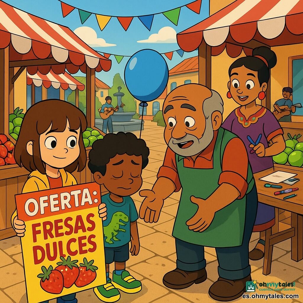 Niña de 10 años de cabello castaño medio con flequillo, expresión seria pero dulce, ojos brillantes, chaqueta amarilla y una libretita roja, sonríe tímidamente mientras devuelve un gran cartel colorido que dice "Oferta: fresas dulces"; a su lado, un niño de unos 8 años de cabello rizado, camiseta con dinosaurio y zapatillas luminosas, sostiene un globo azul y se muestra avergonzado pero aliviado; Don Julián, comerciante de unos 60 años, rostro redondo y barba canosa, con delantal verde, se inclina con las manos abiertas pasando de contrariado a amable para aceptar el cartel; al fondo, Clara, mujer de unos 30 años con el pelo recogido y ropa de artesana, sostiene tijeras y papeles lista para ayudar a hacer un nuevo letrero; escena en un mercado de barrio al mediodía con puestos de madera y toldos a rayas rojo y blanco, cajas de frutas brillantes, banderines y una pequeña fuente de piedra, luz cálida y ambiente festivo mientras la reconciliación ocurre y un músico toca la guitarra de fondo.