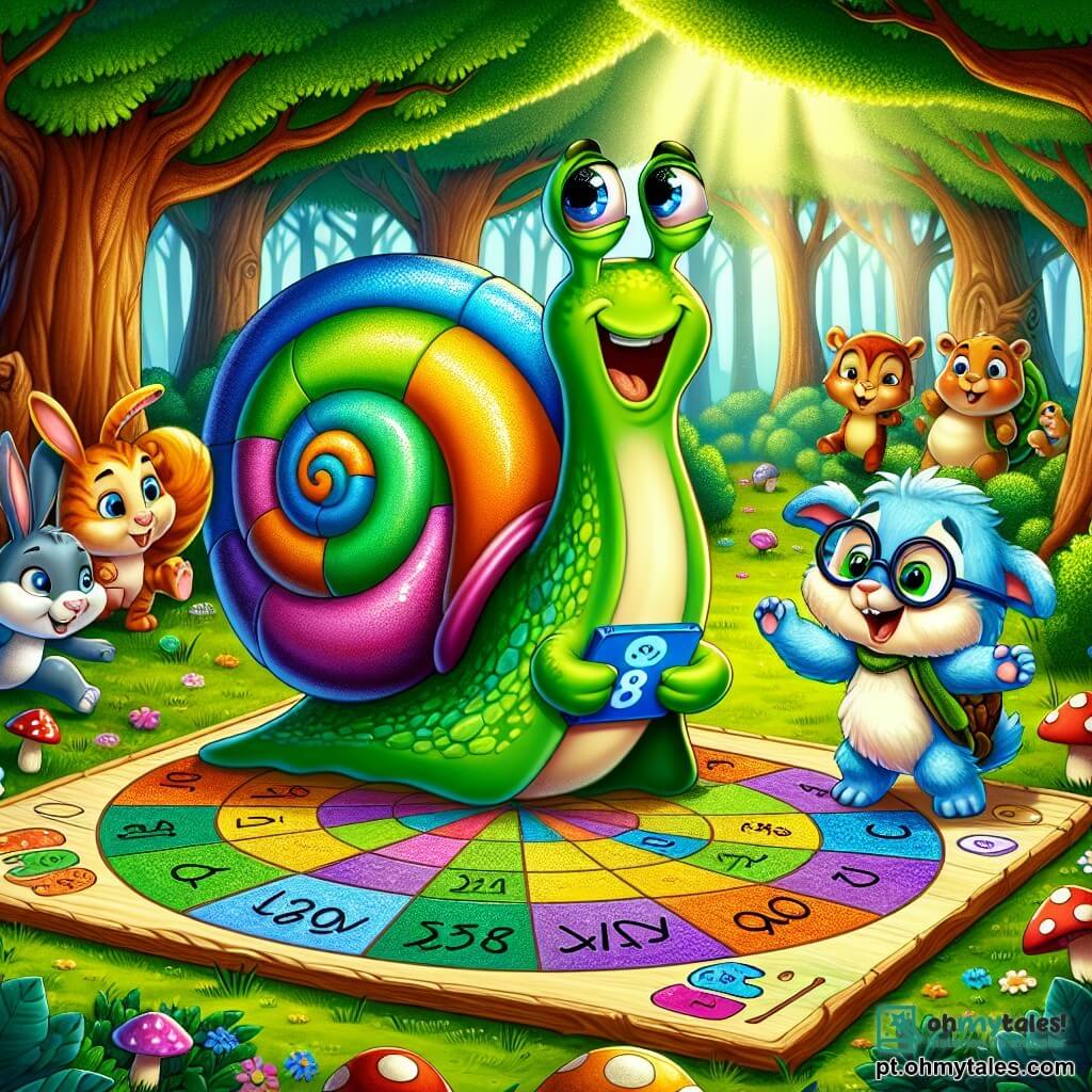 Um caracol chamado Quico, com uma concha colorida em espiral e olhos brilhantes de curiosidade, está no centro da cena, sorrindo entusiasticamente enquanto se prepara para uma grande competição de esconde-esconde. Ao lado dele, Tica, a tartaruga, com sua carapaça verde e óculos redondos, o observa com um olhar inteligente, segurando um painel de regras em suas patas. Bibi, o travesso coelhinho de orelhas grandes e pelagem macia, está pulando alegremente ao fundo, pronto para se esconder atrás de uma árvore. A cena acontece em uma floresta encantada, onde árvores majestosas com folhas vibrantes cercam um solo coberto de flores coloridas e cogumelos engraçados. Quico, cheio de energia, anuncia com alegria o início da competição, enquanto seus amigos se dispersam para se esconder, criando uma atmosfera divertida e cheia de emoção.