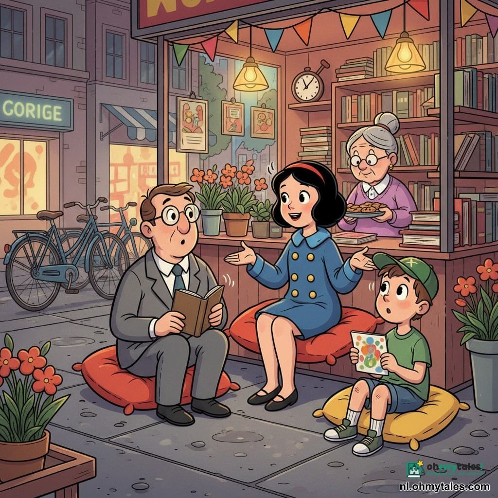 Blanche-Neige, een lichtgetinte meisje met zwart bobkapsel, draagt een blauwe mantel met grote gele knopen en zit op een grote rode kussen in een klein verlicht kiosk; ze glimlacht zacht en vertelt met open handen; een man van rond de vijftig in eenvoudig grijs pak en ronde bril zit op de eerste rij met een klein bruin boek op zijn knieën, verrast en ontroerd; een jongen van circa 7 met een groene pet en geschaafde knieën houdt een kleurtekening vast en kijkt haar met grote ogen vol verwondering aan, zittend op een geel kussen naast haar; een oude buurvrouw van ongeveer 70 met grijs haar in een knot staat bij de ingang en biedt een schaal koekjes aan; de kiosk staat tussen een rij fietsen en een bloemenkraam, warme hanglampen werpen gouden vlekken, kleurrijke slingers, opgestapelde kussens en boeken, nat trottoir met verre neonreflecties; intieme, warme vertelavond — brede gebaren, zichtbare geluidsgolven, verzamelde en ontroerde luisteraars, zachte sfeer, warme kleuren, sterke contrasten en ronde, overdreven lijnen in 'rubber hose'-stijl.