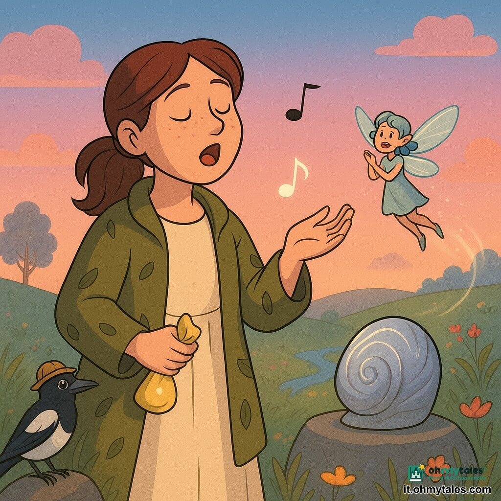 Una donna chiamata Livia, viso dolce con lentiggini, capelli castani raccolti in una coda, espressione determinata e serena, canta a bocca socchiusa con una piccola nota argentata che fluttua sopra la sua mano destra; indossa un abito crema e un mantello verde oliva decorato di foglie e nella mano sinistra tiene un fazzoletto giallo con un seme luminoso che emette un alone fioco. Una fatina femmina, minuscola come una tazza, con capelli color aurora e ali traslucide iridescenti, vola a destra di Livia lasciando scie di luce e applaude con sguardo gioioso; una gazza dal piumaggio nero e bianco e un piccolo cappello di petali secchi è posata su una pietra a sinistra, inclinando la testa con aria maliziosa. Davanti a Livia, su un basamento di pietra levigata, c'è la Conchiglia d’Argento, grande e riflettente con incisioni a spirale che emettono onde sonore visibili come sottili onde luminose. Lo sfondo è la Collina dei Venti al crepuscolo: erba alta mossa dal vento, fiori che si aprono, cielo pastello rosa e azzurro, alberi argentati e un ruscello scintillante. Livia canta davanti alla conchiglia e la nota mancante si fonde al canto trasformando il paesaggio — fiori che sbocciano, vento che danza, luce morbida che si diffonde — atmosfera fiabesca, calda e ottimista.