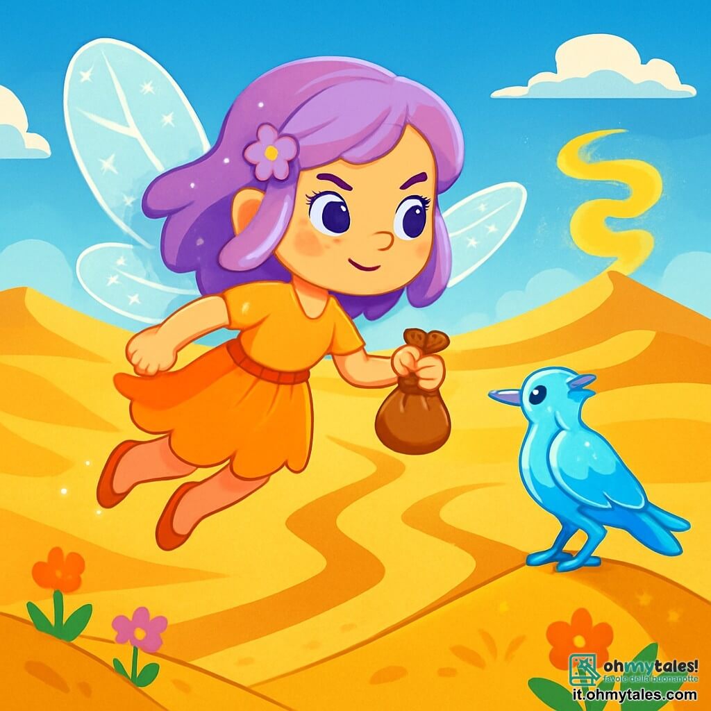 Una piccola fata di nome Lilia, con ali traslucide scintillanti e capelli color lavanda, vola sopra le dune dorate del deserto di Sibilia. Ha uno sguardo determinato e un sorriso pieno di speranza, tenendo una borsa in mano. Vicino a lei, un uccello di cristallo con piume scintillanti la osserva, appollaiato su una duna, pronto a indicarLe la strada. Il paesaggio è un vasto deserto, con dune dorate che brillano sotto il sole, punteggiate di fiori colorati e un cielo blu splendente. In lontananza, una tempesta di sabbia danza, creando un'atmosfera magica e misteriosa. Lilia, in cerca del Cuore di Cristallo, si prepara a scegliere uno dei tre sentieri che ha davanti, con il cuore che batte di eccitazione e apprensione.
