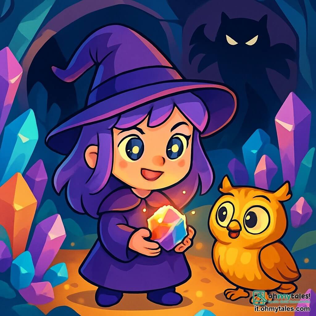 Una giovane strega di nome Lila, con capelli color lavanda, occhi brillanti come stelle e un sorriso determinato, si trova al centro di una caverna luminosa, tenendo una pietra scintillante tra le mani. Accanto a lei, un gufo parlante di nome Pip, con piume dorate e grandi occhi curiosi, guarda la pietra con ammirazione. La caverna è piena di cristalli scintillanti che riflettono colori vivaci, creando un'atmosfera magica. Lila si prepara ad affrontare un'ombra malefica che si profila nell'oscurità, mentre una luce splendente emana dalla pietra, illuminando la scena con un bagliore caldo e confortante.