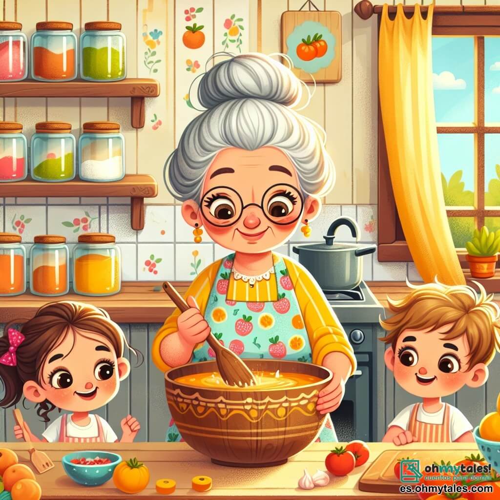 La escena muestra a la abuela Sofía, una mujer mayor con cabello gris recogido en un moño, sonriente y llena de vida, mezclando ingredientes en un gran bol de madera. Lleva un delantal colorido con motivos de frutas, y sus ojos brillan de alegría y creatividad. A su lado, Ana, una niña de 8 años con cabello castaño y gafas redondas, observa con asombro. Sostiene una espátula de madera y parece ansiosa por participar. Lucas, un niño de 7 años con cabello rubio desordenado, se encuentra un poco apartado, sosteniendo un tazón de tomates frescos, listo para cortarlos. Su rostro expresa curiosidad y emoción. La escena transcurre en una cocina cálida y acogedora, con paredes pintadas de amarillo pastel, estanterías llenas de frascos de especias coloridos y ventanas que dejan entrar la luz del sol, iluminando los ingredientes frescos sobre la encimera de madera. La situación principal muestra a Sofía y los niños creando una pizza mágica, mezclando ingredientes tradicionales con sorpresas como piña y miel, mientras ríen y comparten historias, ilustrando la alegría de cocinar juntos.
