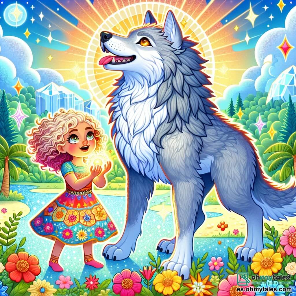 Un majestuoso hombre lobo, con un pelaje plateado que brilla bajo la luz del sol, se encuentra en el centro de la imagen. Sus ojos ámbar brillan con dulzura y determinación, mientras levanta la cabeza hacia el cielo, con una sonrisa benevolente en su rostro. A su lado, una niña de 8 años, Lía, con cabello rizado y dorado como el trigo, mira al hombre lobo con asombro. Lleva un vestido colorido adornado con motivos de flores y sostiene un cristal brillante en sus manos, irradiando alegría y emoción. El decorado es un oasis mágico, con aguas cristalinas que brillan como diamantes, rodeadas de palmeras verdes y flores multicolores que iluminan el paisaje. El cielo es de un azul brillante, salpicado de nubes blancas y esponjosas. La situación principal muestra a Lía y al hombre lobo celebrando su victoria tras encontrar el primer cristal mágico, listos para proteger el santuario y vivir nuevas aventuras juntos.