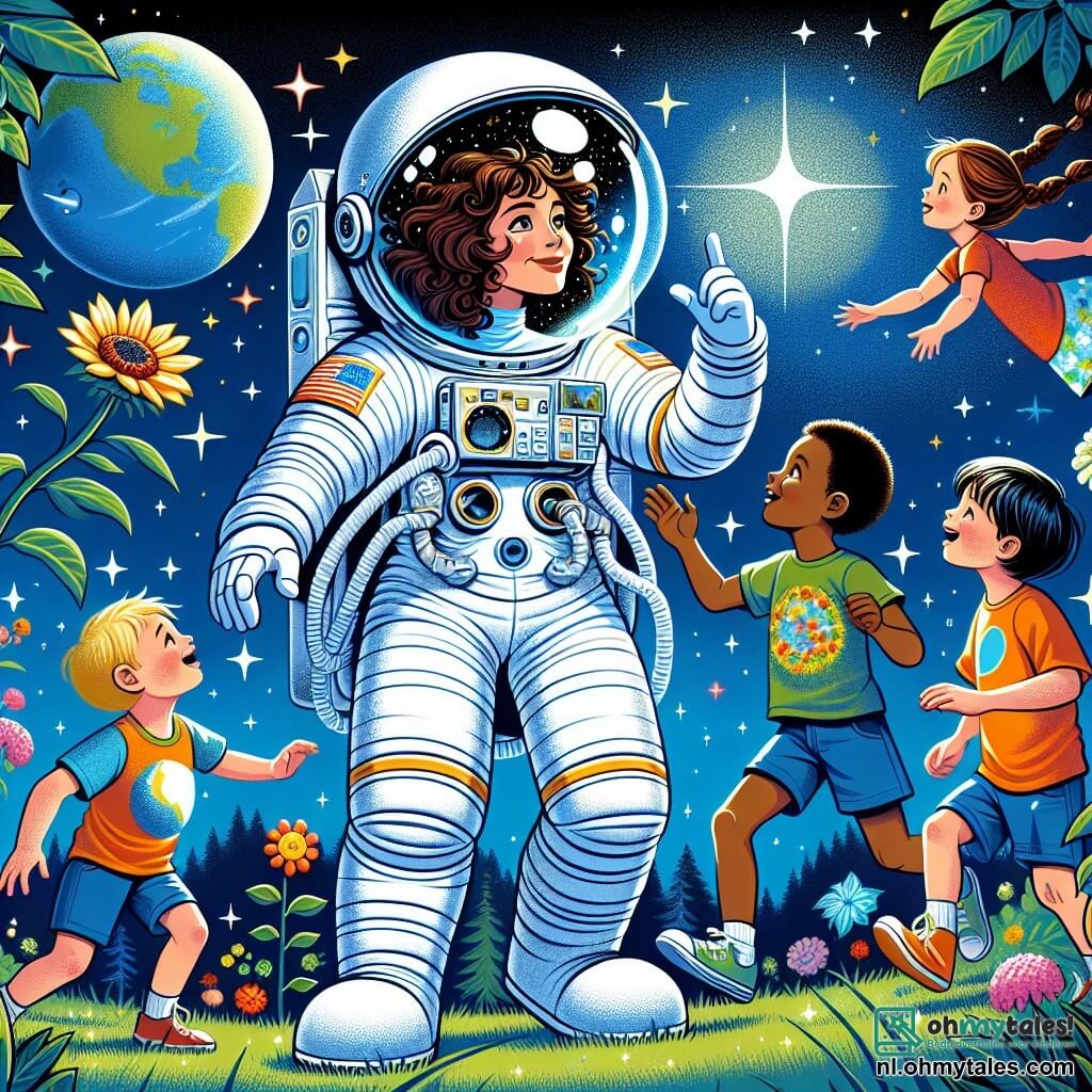 Luna, een vrouwelijke astronaut met bruin, krullend haar, draagt een groot, glanzend wit ruimtepak met een doorzichtig vizier. Ze glimlacht verwonderd terwijl ze naar de fonkelende sterren boven haar kijkt, terwijl ze een kleine vlag van de aarde in haar hand houdt. Om haar heen speelt een groep van drie kinderen, twee jongens en een meisje van ongeveer 8 jaar. De eerste jongen heeft blond haar en draagt een rode t-shirt, hij springt in de lucht. De tweede jongen heeft bruin haar en draagt een blauwe short, hij kijkt Luna met grote ogen aan. Het meisje, met gevlochten zwart haar en een kleurrijke jurk, houdt een kleurrijke bloem vast die ze aan Luna laat zien. De scène speelt zich af op een prachtige blauwe en groene planeet, met grote bomen met glanzende bladeren en kleurrijke bloemen die om hen heen groeien. De lucht is diepblauw, bezaaid met fonkelende sterren en een grote, heldere maan. Luna legt de kinderen de wonderen van de ruimte uit, terwijl ze samen naar de sterren kijken, wat een magisch moment van ontdekking en verwondering creëert.