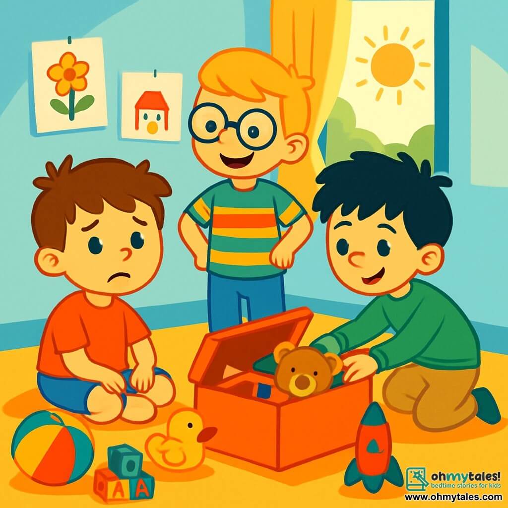 There are three characters: Max, a 6-year-old boy with messy brown hair, wearing a red t-shirt and blue shorts, sitting on the floor surrounded by toys with a worried look on his face; Leo, a 5-year-old boy with blonde hair and round glasses, dressed in a multicolored striped shirt, standing next to Max with his hands on his hips, smiling and full of ideas; and Sam, a 6-year-old boy with messy black hair, wearing a green sweater and beige pants, crouching and looking into the toy box with a determined expression. The scene takes place in Max's room, filled with colorful toys, soft stuffed animals, and drawings on the walls, with sunlight filtering through the window, casting a warm golden glow. The main situation shows Max, Leo, and Sam brainstorming together to create a special gift for their moms, surrounded by scattered toys and displaying expressions of excitement and concentration.