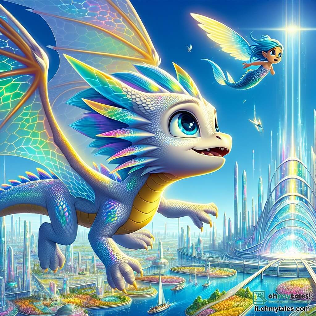 Un giovane drago di nome Neb, con scaglie iridescenti che cambiano colore a seconda del suo umore, vola nel cielo sopra la città futuristica di Luminosia, i suoi grandi occhi curiosi brillano di eccitazione. Ha ali maestose che scintillano al sole e un'espressione di meraviglia. Vicino a lui, una piccola sirena dai capelli blu, fluttuando nell'aria come se nuotasse, guarda Neb con occhi spalancati, un misto di curiosità e ammirazione sul volto. Indossa un abito fatto di scaglie brillanti che riflettono la luce del sole. Lo scenario è una città futuristica, con edifici in vetro trasparente che scintillano come cristalli, strade aeree percorse da veicoli volanti silenziosi e giardini sospesi pieni di fiori colorati. La scena principale mostra Neb che si avvicina a un grande portale di luce pulsante, pronto a esplorarlo, mentre la sirena lo incoraggia dal parco delle nuvole, circondata da bambini meravigliati.
