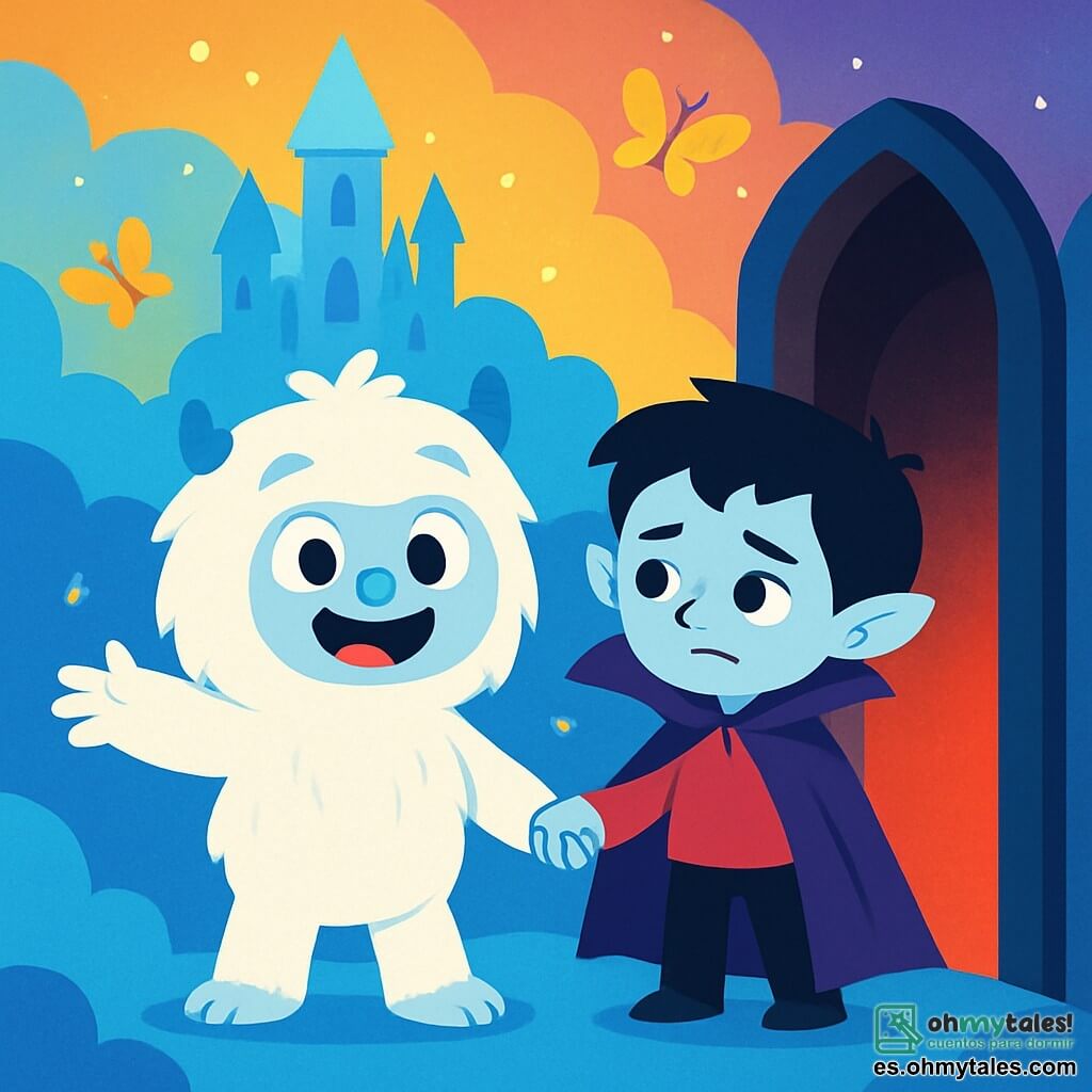 Un pequeño yeti de pelo blanco y suave como la nieve, con grandes ojos redondos y chispeantes de curiosidad, se encuentra en el centro de la imagen. Tiene una gran sonrisa alegre y sus brazos están abiertos, como si estuviera listo para abrazar al mundo. A su lado, un vampiro de piel pálida y capa violeta, con ojos tristes pero amables, mira al yeti con gratitud. Parece un niño de unos 10 años, con el cabello negro desordenado. El decorado es un castillo de cristal flotando en un cielo de mil colores, con nubes azules esponjosas debajo. Mariposas luminosas danzan a su alrededor, añadiendo un toque mágico a la escena. La situación principal muestra al yeti y al vampiro unidos, de la mano, listos para enfrentar una puerta oscura que se abre ante ellos, dejando escapar una luz roja triste. La atmósfera es a la vez misteriosa y llena de esperanza, con un ambiente de aventura y camaradería.