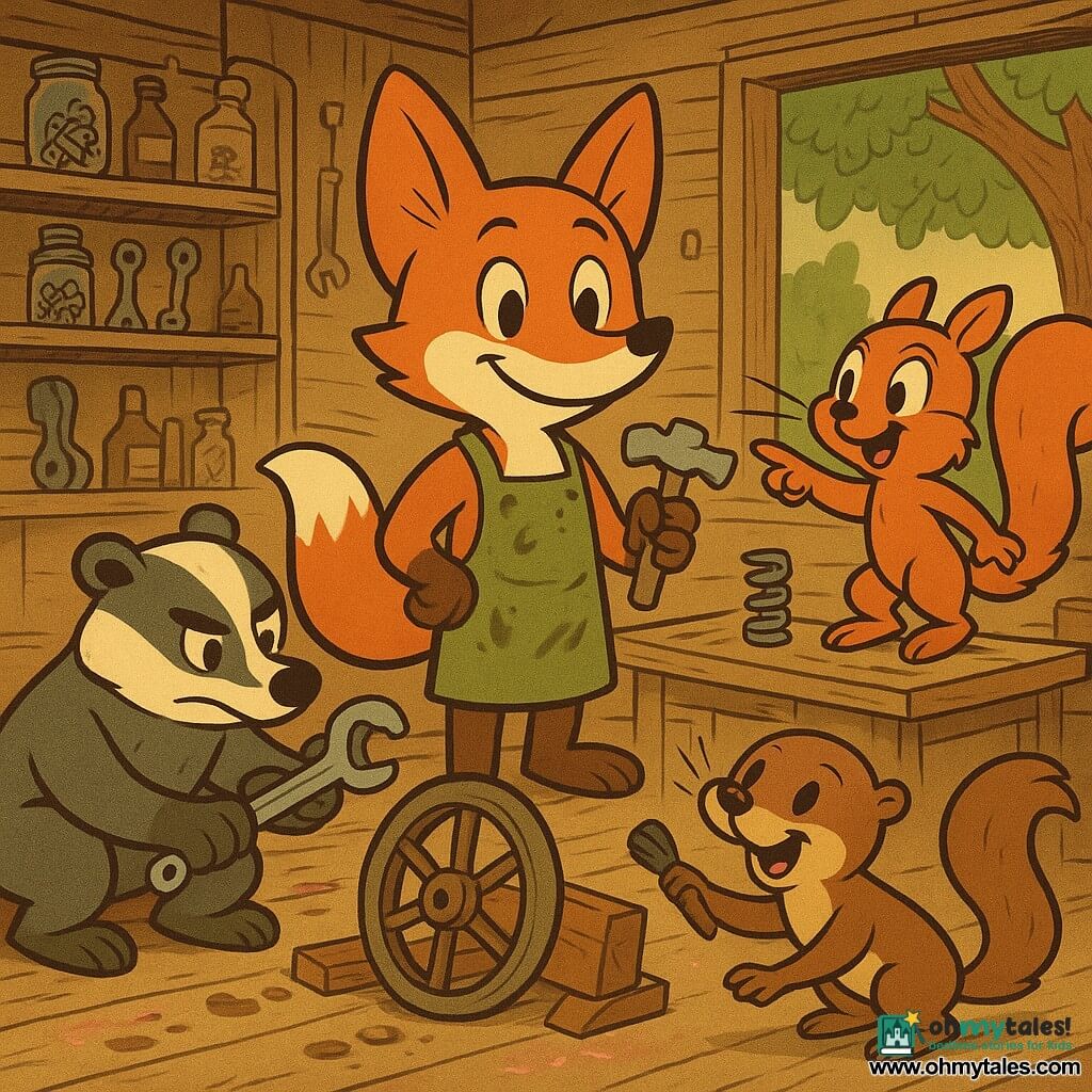 Piquant the fox stands center, smiling and calm, shiny red fur, big pointed ears, wearing an olive grease-stained mechanic’s apron and holding a small metal wheel tool; Moss the badger kneels left, solid and focused, dark gray fur with white stripes, holding a wrench next to a cart wheel on blocks; Zuzu the squirrel stands right on a wooden stool, lively and excitable, light red fur and a huge bushy tail, pointing at a small spring rolling on the workbench; Juniper the otter slides in the foreground, playful, glossy brown fur, holding a paintbrush and reaching for a brush that flew off; the workshop is a small wooden cabin under a large oak with messy shelves of screw jars, hanging tools, golden light through a window, and a plank floor with oil stains and pink sparkly paint dust; scene: a warm, dynamic, comic group repair of a dented cart after minor disasters, with rounded composition, warm contrasting colors and thick-lined retro cartoon style.