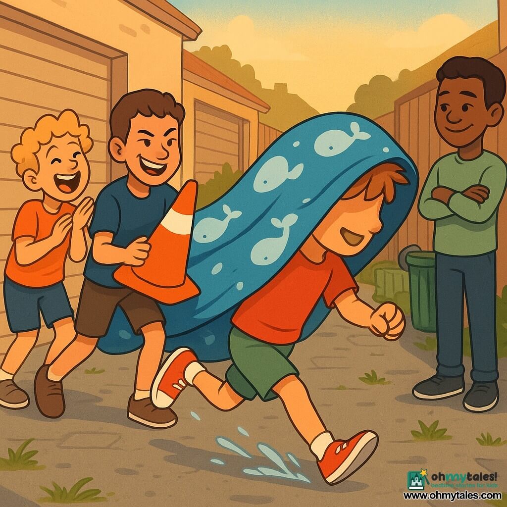Four boys: Leo, about 8, small with messy light-brown hair, wearing a large blue whale-patterned blanket as a hood and running right in the foreground with his face blurred under the fabric; Max, about 11, tall with short brown hair, furrowed brows but a smirk, slightly behind left of Leo holding an orange traffic cone called the Cone of Destiny, laughing and encouraging; Ollie, about 11, curly blonde and expressive, mouth open in laughter, left and behind Max on tiptoe as if clapping; Sam, about 11, straight black hair, playful kind look, arms crossed to the right and set back watching amused. Setting: narrow neighborhood alley between concrete garages, light grey cobbles with paint stains and weeds, open-slat wooden fences, a metal hose and green bins at the side, warm late-afternoon light casting long shadows. Main scene: a comical, dynamic moment—Leo dashes under the billowing whale blanket hood, the orange cone swings at Max’s arm, light water splashes on the ground, exaggerated movement and clear expressions, joyful chaotic mood with a vivid palette of blues, oranges and greens.