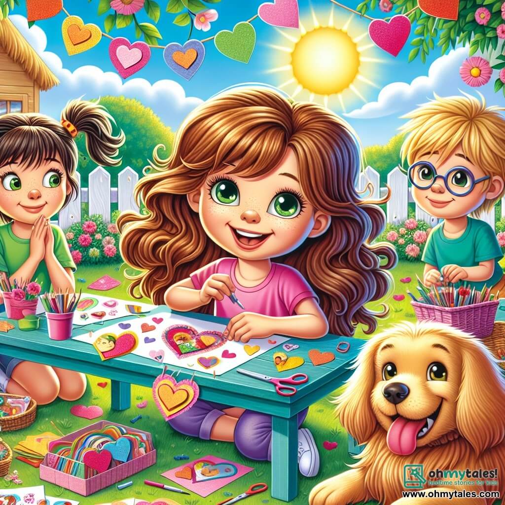 A 12-year-old girl, Bella, with long wavy brown hair and sparkling green eyes, sits at a craft table in her sunny garden. She has a big smile on her face, filled with excitement as she creates colorful Valentine’s Day cards, surrounded by shiny papers and cut-out hearts. Beside her is her loyal dog, Max, a golden retriever, lying on the grass, tongue out and eyes full of joy, watching Bella closely. A little further away, her friends, Lucy and Oliver, aged 12 and 11 respectively, stand near her. Lucy, with her brown hair in a ponytail and a pink t-shirt, laughs while holding a heart-shaped card, while Oliver, a boy with blonde hair and glasses, looks around curiously, holding a card decorated with fun drawings. The garden is filled with colorful flowers and Valentine’s decorations fluttering in the wind, with the sun shining in a clear blue sky, creating a joyful and festive atmosphere. The main scene shows Bella, surrounded by her friends, making Valentine’s Day cards while laughing and sharing ideas, preparing a surprise for their community.