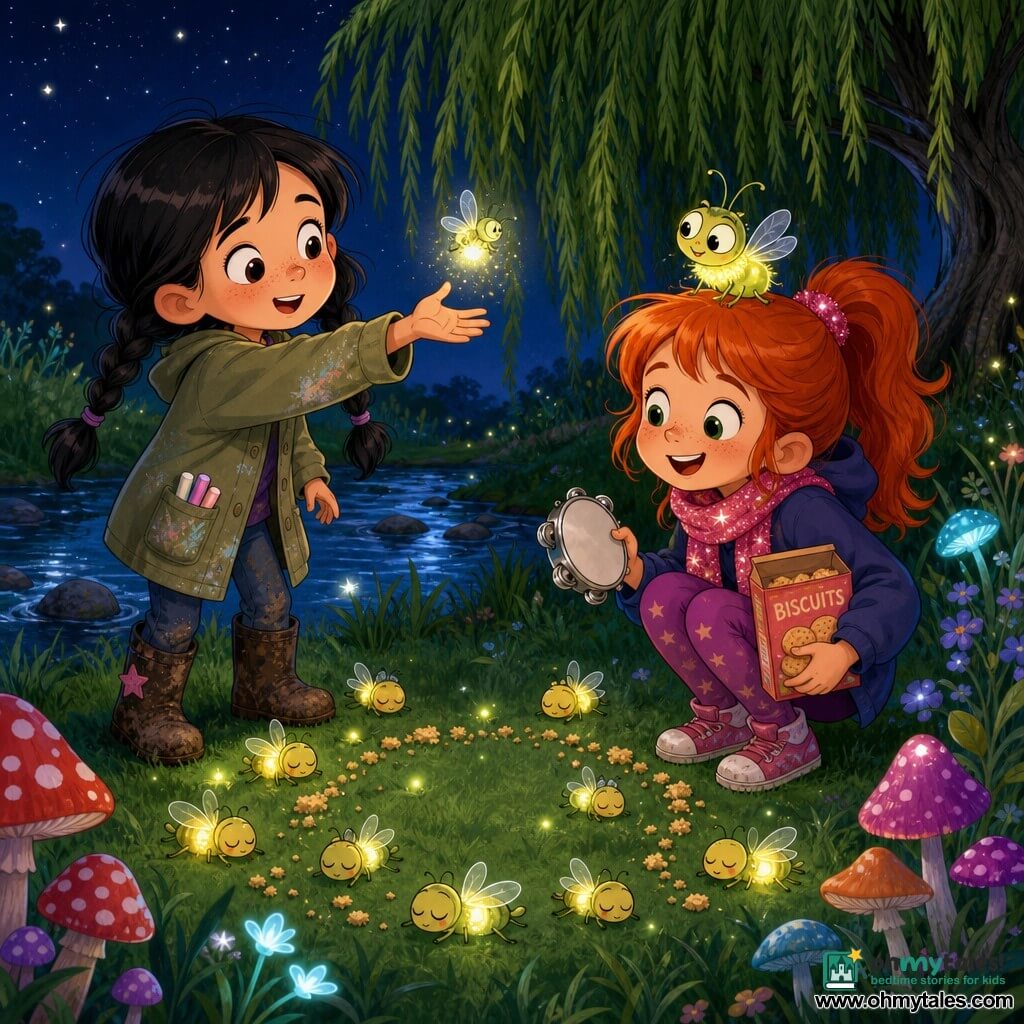 Three characters: Maya, 7, black hair in two braids, wearing a khaki jacket with chalk stains and muddy boots, standing left foreground reaching toward a small light; Poppy, 7, red hair in a ponytail, sparkling pink scarf, holding a small metal tambourine and a biscuit tin, crouched right smiling by a circle of crumbs; and Fizz, an anthropomorphic firefly (she), a tiny yellow-green glowing body with a sparkling dust ruff and translucent wings perched on Poppy’s hair, watching the girls. Setting: a shallow meadow by a stream with short velvety grass, colorful mushrooms, a large weeping willow in the background, small phosphorescent flowers and about a dozen sleeping fireflies dotting the ground. Main scene: the girls gently wake a cluster of fireflies in a crumb circle—amber and soft green lights gradually coming on—clear warm-night, humorous tender style, joyful expressions and dynamic poses.