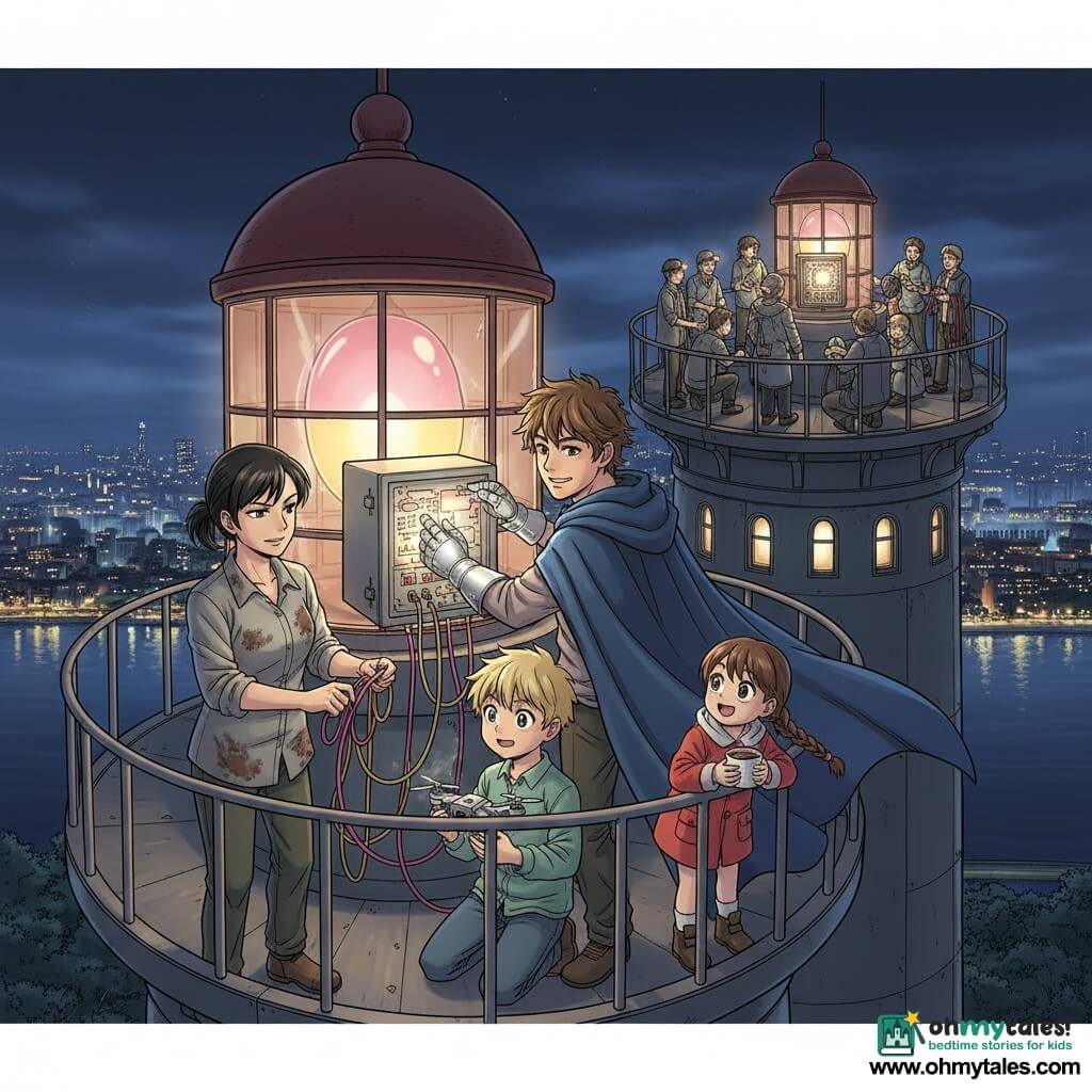 A smiling, focused man named Leon with tousled brown hair and a crumpled midnight-blue cape, wearing a shiny magnetic glove on his right hand, stands by an old urban lighthouse adjusting a lit electronic panel; to his left Mira, ~30, short tied-back black hair, grease-stained gray smock, determined, plugs pink and yellow cables into an old spotlight; at Leon’s feet a ~10-year-old blond boy with wide eyes holds a repaired small silver drone; nearby an ~8-year-old girl with a brown braid and red coat smiles holding a mug of hot chocolate by the railing facing the river; several warm-looking adult volunteers with headlamps and coiled cables work in a circle on the lighthouse terrace; setting: metal-and-glass urban lighthouse summit with a polished old glass lens reflecting pink and yellow neon, steel railing, panoramic view of a glittering river and illuminated city towers at night; main situation: a collaborative repair and reprogramming of a large lantern-projector to restore the city’s signals, warm light, soft sparks, precise gestures.