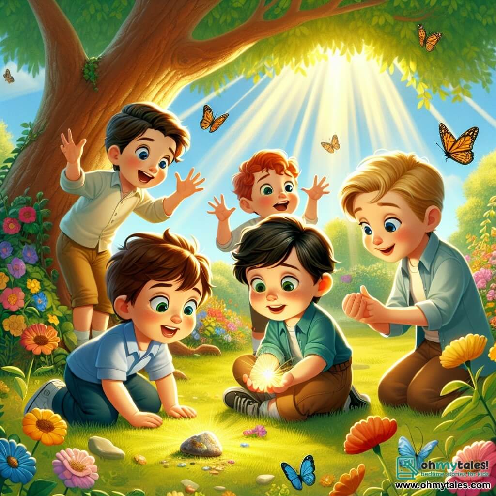 In a sunny garden, five little boys aged 6 to 7 play together. Sam, a boy with brown hair and colorful glasses, stands in the center holding a shiny little stone. To his right, Ben, a boy with messy blonde hair, looks at the stone with wide eyes and a big smile. To Sam's left, Lucas, a boy with black hair, squats down to get a better look, his hands on his knees. Behind them, Tom, a boy with red hair, gestures dramatically while telling a story, and Max, a boy with brown hair, claps enthusiastically. The garden is filled with colorful flowers and butterflies fluttering around. A large tree with dense foliage provides shade, while rays of sunlight filter through the branches, illuminating the group with a golden light. The main scene shows Sam discovering the magical stone, while the other boys gather around him, captivated by the whispered stories from the stone. They laugh and share ideas about what the magic could be, creating a joyful and friendly atmosphere.