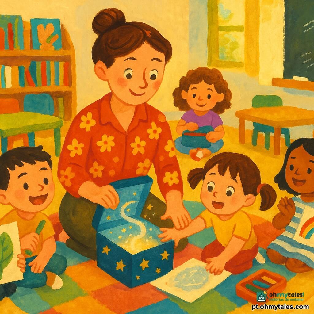 Professora com rosto doce e sorriso, olhos brilhantes, cabelo castanho preso em coque, veste bata vermelha com flores, sentada no chão abrindo uma caixa azul com estrelas douradas; Clara (~6 anos) de cabelos castanhos em maria-chiquinhas, maravilhada, alcança um desenho mágico no colo; Miguel (~6 anos), pele clara, cabelo curto e preto, ri mostrando uma folha com desenho de grande folha, sentado à esquerda; Lucas (~6 anos), cabelo loiro, sorri segurando um lápis verde ao lado de Miguel, completando o desenho; Sofia (~5–6 anos), cabelos cacheados, abre o estojo sorrindo, sentada atrás; Bia (~6 anos), vestido às riscas, segura um desenho de arco-íris, aplaudindo à direita; sala com mesas coloridas, tapete multicolorido, estante de livros ilustrados, quadro-negro com giz e grande janela com luz quente; situação: a professora mostra as obras da caixa azul, rostos encantados e orgulhosos, ambiente calmo e alegre, composições simples, cores vivas e traço em gouache texturizado.