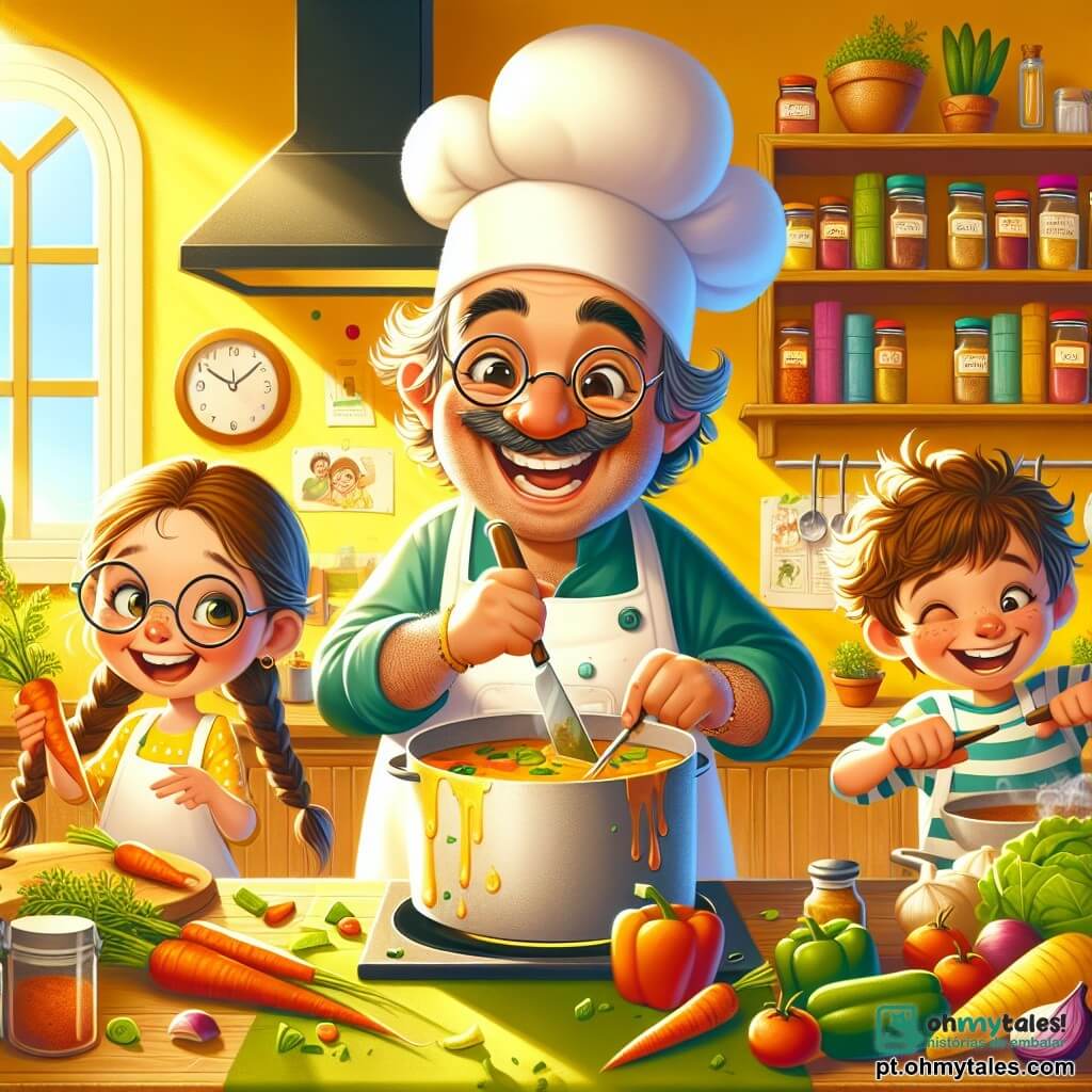 O personagem principal é um homem, o Chef Carlos, que usa um grande chapéu branco em forma de nuvem e um avental colorido cheio de manchas de molho. Seu rosto é sorridente e cheio de entusiasmo enquanto ele corta legumes com cuidado, cercado por uma aura de magia culinária. Ao lado dele está Ana, uma menina de 8 anos com cabelos castanhos trançados e óculos redondos, que admira o Chef Carlos, segurando uma cenoura nas mãos, pronta para adicioná-la à sopa. Um pouco mais longe, Lucas, um menino de 7 anos com cabelos loiros bagunçados, se diverte misturando os ingredientes em uma grande panela, rindo de alegria. A cena acontece em uma cozinha iluminada e colorida, com paredes amarelas vibrantes e prateleiras cheias de potes de especiarias e livros de receitas. Legumes frescos estão espalhados sobre a bancada de madeira, e uma grande janela deixa entrar a luz do sol, iluminando a atmosfera acolhedora. A situação principal mostra o Chef Carlos e as crianças em plena atividade culinária, rindo e se divertindo juntos enquanto preparam uma sopa mágica, criando memórias alegres e laços de amizade na cozinha.