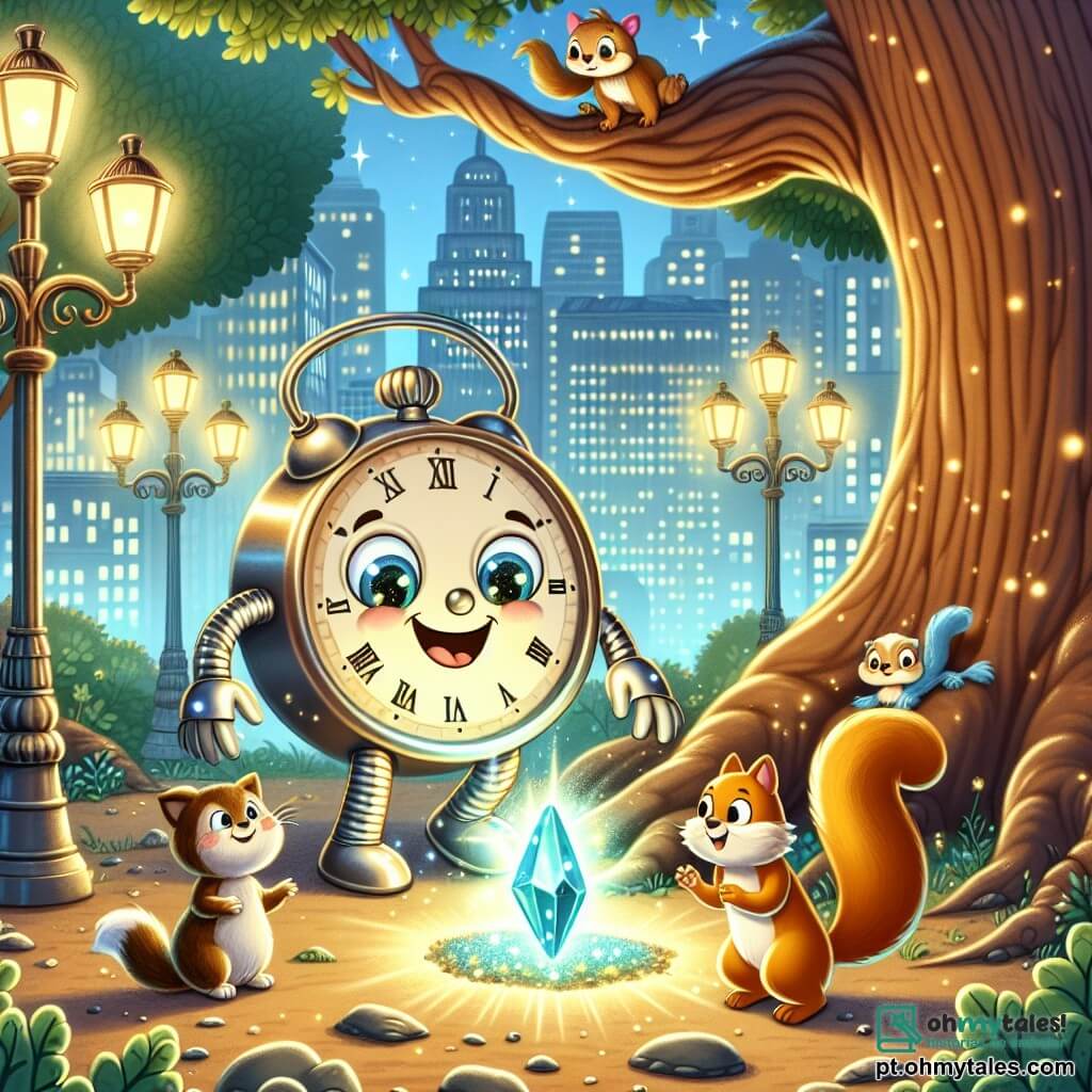 Tic-Tac, um pequeno relógio antropomórfico com um rosto sorridente, braços e pernas de metal brilhante, está no centro de um parque urbano, com os olhos brilhando de excitação ao descobrir uma pedra mágica cintilante enterrada sob as raízes de uma grande árvore. Ao seu lado, Estrelinha, uma pequena gata com olhos brilhantes e pelagem suave como seda, observa com curiosidade, suas orelhas em pé e um sorriso travesso no rosto. Pipo, um esquilo travesso com pelagem marrom e cauda fofa, sobe em um galho acima deles, observando a cena com orgulho e entusiasmo. O parque é iluminado por lampiões de formas fantásticas, cercado por árvores com folhas brilhantes, e uma suave melodia parece emanar da velha árvore, criando uma atmosfera mágica e encantadora. A cena principal mostra Tic-Tac e seus amigos descobrindo a pedra mágica, simbolizando a harmonia restaurada na cidade, com faíscas de luz cintilante ao redor deles.