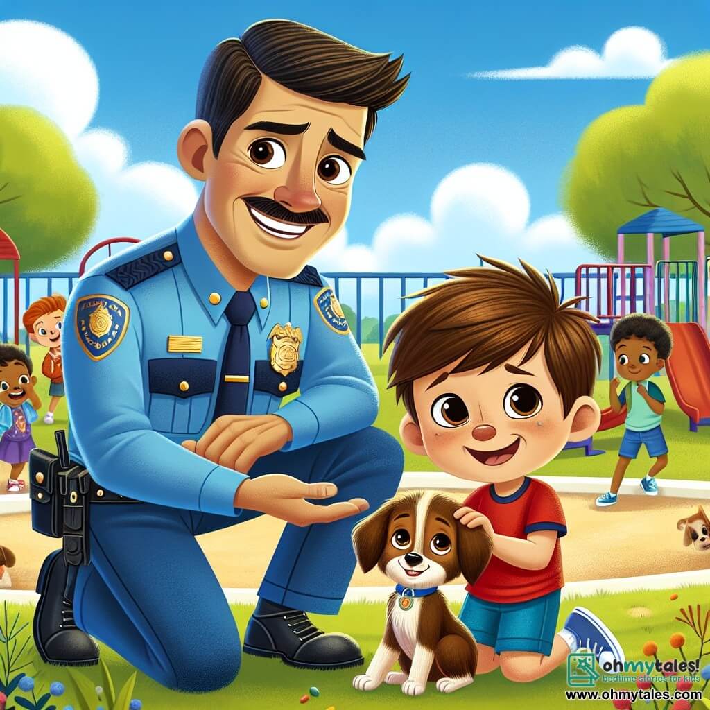 A smiling police officer in his thirties with brown hair and a mustache wears a bright blue uniform and a shiny badge on his chest. He is kneeling with a kind and determined expression, holding a small brown dog with floppy ears in his arms, looking at it tenderly. Next to him, an 8-year-old boy named Lucas, with chestnut hair and sparkling eyes, wears a red t-shirt and blue shorts. He is crouched down with his hands on his hips, displaying a big smile of relief and joy as he looks at his reunited dog. In the background, a lively schoolyard is filled with children playing on colorful swings and slides, surrounded by lush trees and a clear blue sky dotted with fluffy white clouds. The scene captures the moment when the police officer and Lucas find the lost dog, surrounded by curious and happy classmates celebrating the joy of friendship and helping each other.