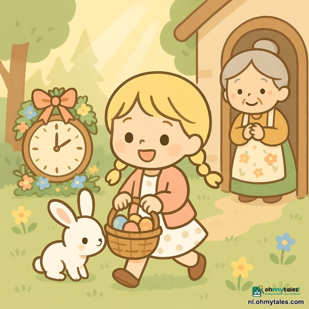 Een stralend en vrolijk 8-jarig meisje met blonde twee staartjes, glanzende ronde ogen, pastelroze jasje en stippenjurk, loopt glimlachend met een gevlochten mandje vol gekleurde paaseieren; naast haar snuffelt een zacht, nieuwsgierig wit konijntje met grote oren vlak voor haar rechterbeen; op de achtergrond bij de cottage staat een ongeveer 65-jarige grootmoeder met grijs haar in een knot, een liefelijke glimlach en een bloemig schort, handen gevouwen; locatie: een bosopen plek met zachtgroen gras en gele en blauwe bloemen, gouden zonnestralen door de bomen en een grote houten klok versierd met linten en bloemen; hoofdtaferelen: het meisje deelt kleurrijke paaseieren, warme, lichte sfeer, eenvoudige compositie, zachte contouren en pastelpalet (roze, hemelsblauw, muntgroen, zacht geel).