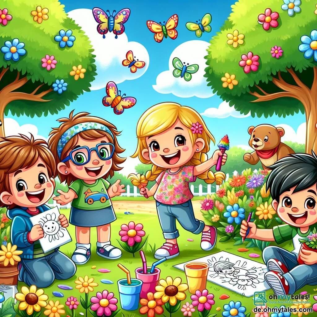 In einem sonnigen Park versammeln sich vier Kinder, um den Frühling zu feiern. Max, ein siebenjähriger Junge mit zerzausten braunen Haaren und einer blauen Jacke mit Auto-Motiven, lacht und hält ein Zeichnungsblatt in der Hand. Neben ihm zeigt Mia, ein Mädchen mit geflochtenen blonden Haaren und einem rosa Blumenkleid, stolz ihre Zeichnung von Blumen. Ben, ein Junge mit kastanienbraunen Haaren und einem grünen T-Shirt, schenkt Limonade in bunte Becher ein. Schließlich spielt Leo, ein Junge mit schwarzen Haaren und einem roten Pullover, Musik mit einer kleinen Gitarre. Der Park ist voller bunten Blumen, großer Bäume mit leuchtend grünen Blättern und Schmetterlingen, die umherfliegen. In der Ferne sieht man einen hellblauen Himmel mit einigen weißen, flauschigen Wolken. Die Kinder haben Spaß, lachen und tanzen, während sie den Park mit ihren Zeichnungen von Blumen und Tieren dekorieren und so die Schönheit des Frühlings und die Freude an der Freundschaft feiern.