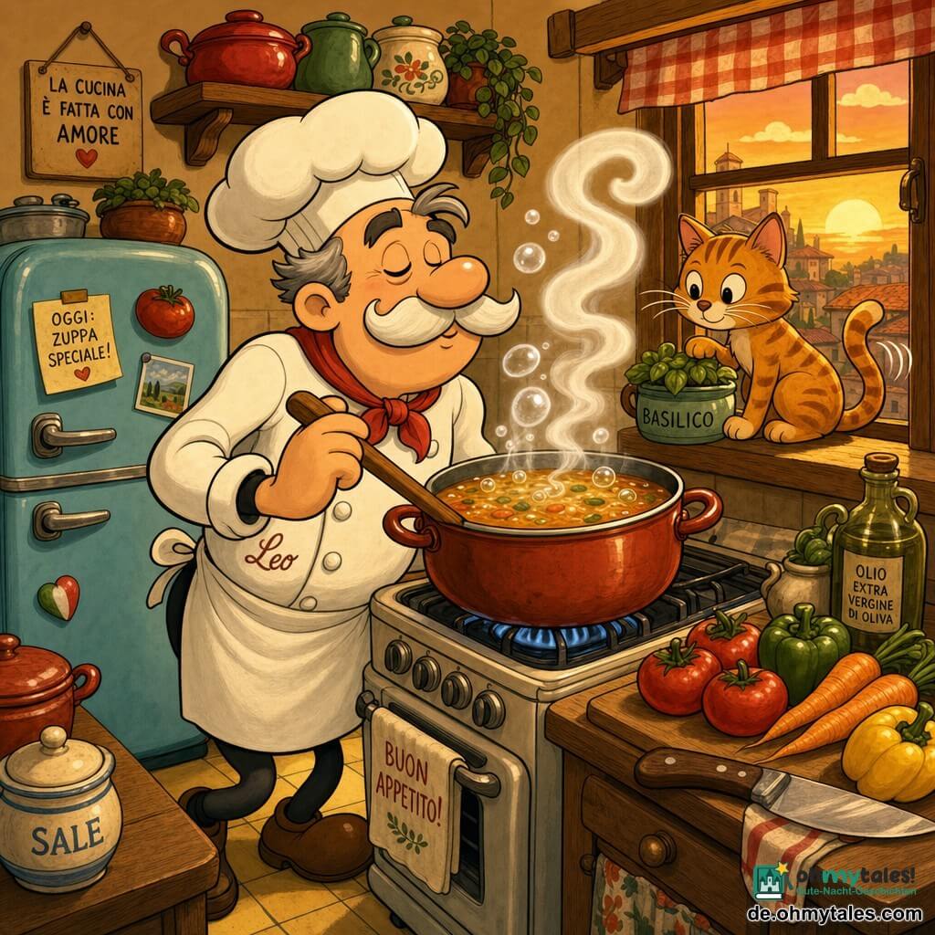 Ein lächelnder, warmer Chef namens Leo mit kurzen grauen Haaren, großer weißer Schnurrbart, etwas weiter weißer Kochjacke und großer runder Kochmütze rührt mit einem großen Holzlöffel in einem dampfenden Topf auf dem Herd; keine anderen Personen; eine kleine orange getigerte Katze sitzt am rechten Fensterbrett, schaut die Suppe an, wedelt mit dem Schwanz und hat die Pfote auf einem Kräutertopf; die kleine, gemütliche Küche hat hellgelbe Fliesen, hölzerne Regale mit roten und grünen Tontöpfen, einen großen pastellblauen Vintage-Kühlschrank und eine Holzarbeitsplatte mit buntem Gemüse (Tomaten, Karotten, Paprika); der Chef riecht an der dampfenden Suppe, weiße, wellende Dampfsaulen, glänzende Blasen im Topf und warmes Sonnenuntergangslicht durchfluten den Raum, angenehme, tröstliche Stimmung; Grafikstil: dicke schwarze Konturen, lebhafte gesättigte Farben, einfache Texturen und runde Formen, übertriebene Mimik und fließende Posen im Rubber-Hose-Stil.