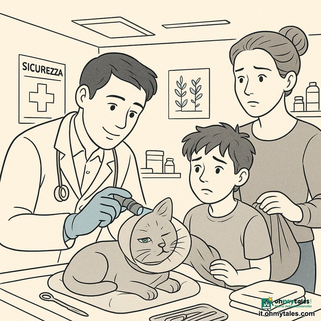 Un veterinario giovane dal viso calmo e sorriso lieve, guantato, chino con una piccola torcia e una pipetta mentre esamina l'occhio di un gatto su un tavolo; un ragazzo di circa 10 anni, capelli spettinati, preoccupato ma coraggioso, seduto accanto con una copertina e che osserva; la madre sulla trentina, capelli raccolti, preoccupata ma sollevata, in piedi leggermente indietro con una borsa aperta; il gatto Nebbia, pelo grigio chiaro, occhi semichiusi, piccola macchia verde fluorescente sulla cornea, sistemato su un cuscino e con un collare elisabettiano morbido; interno della clinica veterinaria luminoso con neon, poster "sicurezza", mensola con flaconi, tavolo metallico con strumenti e una coperta piegata; scena intima di esame oculare con luce bluastra della torcia che mette in evidenza la macchiolina verde, gesti precisi e atmosfera professionale e rassicurante; stile: tratti fini a inchiostro, contorni netti, lievi tratteggi per ombreggiatura e composizione centrata su veterinario e gatto.