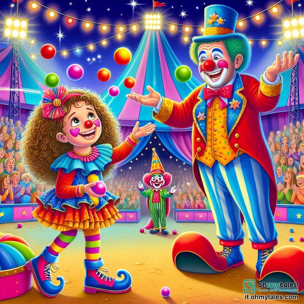 Una ragazza di 12 anni, Silvia, con capelli ricci e un grande sorriso, è al centro dell'immagine. Indossa un costume da clown colorato, con un naso rosso e scarpe sovradimensionate, mentre sta facendo giocoleria con palline multicolori, il suo volto illuminato dalla gioia e dall'eccitazione. Accanto a lei, Pompierone, un clown gioioso di circa 30 anni, con il viso dipinto di rosso e blu, ride cercando di aiutarla a giocolare, con le sue grandi scarpe che scivolano sul pavimento. Sullo sfondo, il grande tendone del circo "Magie e Miracoli" si erge, pieno di colori vivaci e luci scintillanti, con spettatori meravigliati che applaudono. La scena mostra Silvia e Pompierone in piena performance, creando un'atmosfera di magia e risate, dove amicizia e spettacolo si incontrano.