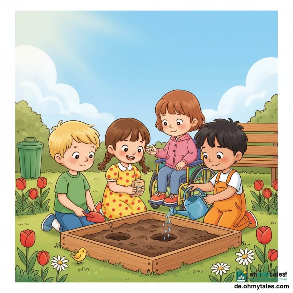 Vier Kinder, alle 3 Jahre alt: Ben, Junge mit kurzen blonden Haaren, grünes T‑Shirt und blaue Shorts, links mit kleiner Plastikkelle, schaut auf ein Loch im Boden; Ida, Mädchen mit braunen Zöpfen, gelbes Kleid mit roten Punkten, in der Mitte, lächelt und hält eine kleine Samenschachtel über das Loch; Tom, Junge mit zerzausten schwarzen Haaren, orange Latzhose, rechts kniend, gießt behutsam Wasser aus einer blauen Gießkanne; Lina, Mädchen mit kurzen kastanienbraunen Haaren und rosa Jacke, sitzt in einem bunten Kinderrollstuhl hinter Ida und legt eine Samen in das Loch. Ort: kleiner Holzhochbeet am Parkweg, dunkle feuchte Erde, einige rote Tulpen und weiße Gänseblümchen, eine Holzbank im Hintergrund, blauer Himmel mit sanfter Sonne, eine grüne Mülltonne links und ein gelber Vogel auf dem Beet. Hauptsituation: Die vier pflanzen gemeinsam eine Samen, glänzende Samen in Idas Hand, Wasserperlen beim Gießen, ruhige fröhliche Ausdrücke, langsame zärtliche Gesten, warme helle Atmosphäre.