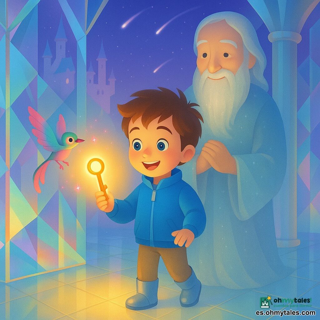 Leo, un niño de cabello castaño alborotado sonríe maravillado; lleva chaqueta espacial azul y botas plateadas y sostiene una llave dorada que emite un halo cálido. Un anciano de luz con larga barba plateada observa desde atrás con mirada benevolente y manos juntas. Una pequeña criatura alada tipo pájaro-dragón, colorida, vuela alrededor de la llave soltando chispas rosas. La escena ocurre en una sala secreta de un palacio de cristal flotante: paredes facetadas transparentes, suelo de losas luminosas y columnas de vidrio; al fondo flotan castillos y un cielo violeta estrellado con cometas. Leo descubre la llave en un cofre abierto, la luz dorada inunda la sala y proyecta reflejos sobre su rostro.