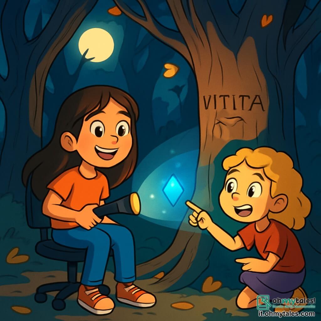 Ci sono 2 personaggi principali: Sofia, una ragazza di 10 anni con lunghi capelli castani e un sorriso contagioso, seduta su una sedia a rotelle, che tiene una torcia, e Marta, una ragazza di 10 anni con capelli biondi e ricci, accovacciata accanto a Sofia, con occhi brillanti di eccitazione, che punta verso un grande albero antico. La scena si svolge in un parco buio e misterioso, pieno di alberi con tronchi nodosi e foglie dorate che cadono dolcemente. La luce della luna filtra tra i rami, creando ombre danzanti sul terreno. Al centro, un grande albero si erge con un'iscrizione antica incisa sulla sua corteccia, circondato da un bagliore bluastro che emana da un misterioso cristallo scintillante. Sofia e Marta, incuriosite e un po' spaventate, scoprono il messaggio inciso sull'albero, mentre una luce misteriosa brilla attorno al cristallo, illuminando i loro volti con un bagliore magico.