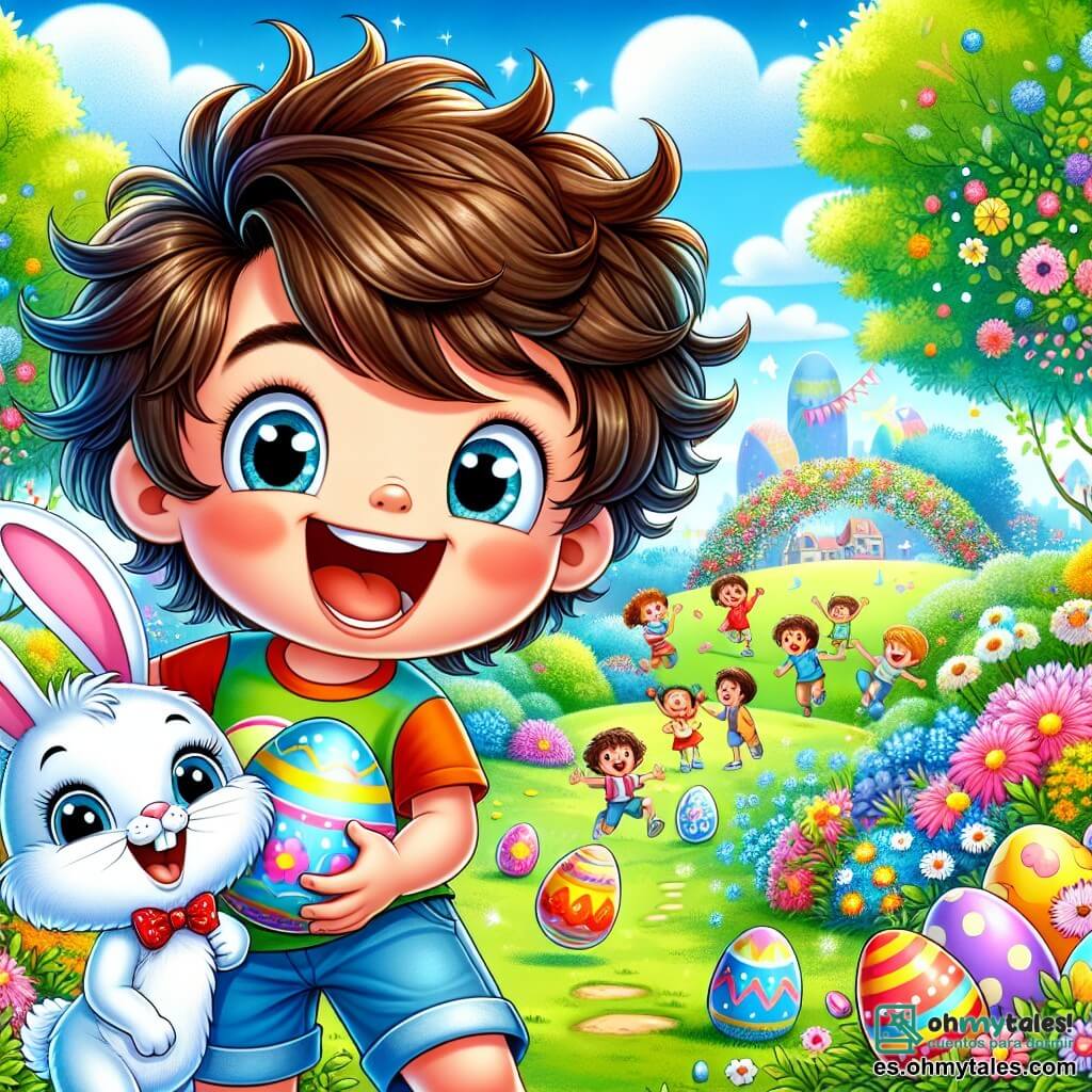 Un niño de 11 años, llamado Tomás, se encuentra en el centro de la imagen, con el cabello castaño alborotado y una gran sonrisa en su rostro. Lleva una camiseta colorida y un pantalón corto, sosteniendo un huevo de Pascua decorado con colores vivos, expresando una alegría contagiosa. A su lado, un adorable conejito blanco, el famoso Conejito de Pascua, con grandes orejas y una pajarita roja, mira a Tomás con ojos brillantes de emoción. Al fondo, se ve un parque primaveral, lleno de flores brillantes, árboles verdes y risas de niños que juegan. El cielo es de un azul brillante, salpicado de nubes blancas esponjosas. La escena representa a Tomás y al Conejito de Pascua preparando huevos coloridos para la gran búsqueda de huevos de Pascua, rodeados de la magia y la alegría de esta festividad.