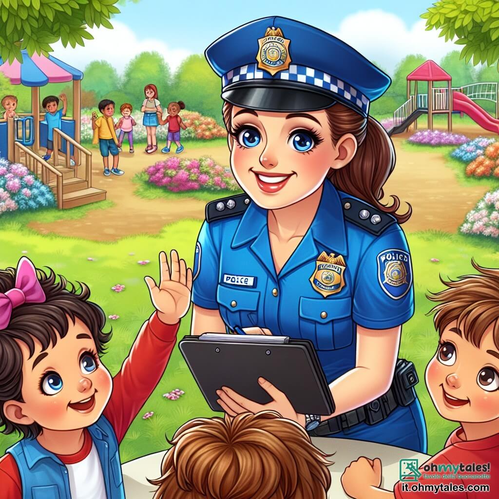 Una poliziotta sorridente, di circa 30 anni, con i capelli castani raccolti in uno chignon e indossando una divisa blu brillante, si china con benevolenza per parlare a un gruppo di quattro bambini. Ha occhi scintillanti di gioia e un'espressione determinata, tenendo un taccuino in una mano. Marco, un ragazzo di 8 anni con capelli ricci e una maglietta rossa, si trova accanto a lei, con gli occhi spalancati per ammirazione, mentre Sofia, una ragazza di 7 anni con un grande fiocco rosa nei capelli, alza la mano per fare una domanda, il suo viso che brilla di entusiasmo. Il contesto si svolge in un parco soleggiato, con alberi verdi, fiori colorati e un'area giochi sullo sfondo, dove altri bambini giocano felicemente. La scena principale mostra la poliziotta che spiega ai bambini l'importanza della sicurezza e delle regole, incoraggiandoli a fare domande, creando così un momento di apprendimento e condivisione.