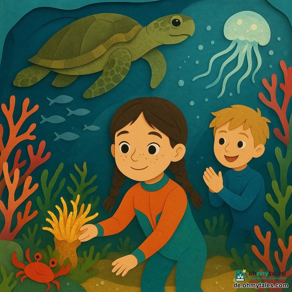 Ein 8-jähriges, erstauntes und sanftes Mädchen mit rundem Gesicht und Sommersprossen, braunen Zöpfen und buntem Tauchanzug streckt die Hand zu einer goldgespitzten, schimmernden Anemone, lächelt schüchtern mit großen leuchtenden Augen; ein etwa gleichaltriger Junge (Max) mit kurzen blonden Haaren und blauem Tauchanzug schwebt dahinter und klatscht freudig; eine alte, weise Meeresschildkröte mit grünbrauner, abgenutzter Panzer wacht ruhig über ihnen; ein kleiner knallroter Krabbenkreb sitzt links im Seegras und winkt mit der Schere; eine durchscheinende, leuchtende Qualle rechts beleuchtet die Szene mit silbernen Blasen; die Umgebung ist ein Labyrinth aus farbigem Korallenriff mit rosa, roten und orangen Zweigen, grünen Seegrasfeldern, silbernen Fischschwärmen, goldenen Sonnenstrahlen und verstreuten Perlen auf sandigem Grund; Hauptszene: das Mädchen in einer kleinen Unterwasserhöhle berührt zart die Anemone, die einen perligen Schimmer aussendet — magische, ruhige Schutzatmosphäre, papierartig geschichtete Texturen, kräftige Farben, klare Konturen und weiche Schatten.