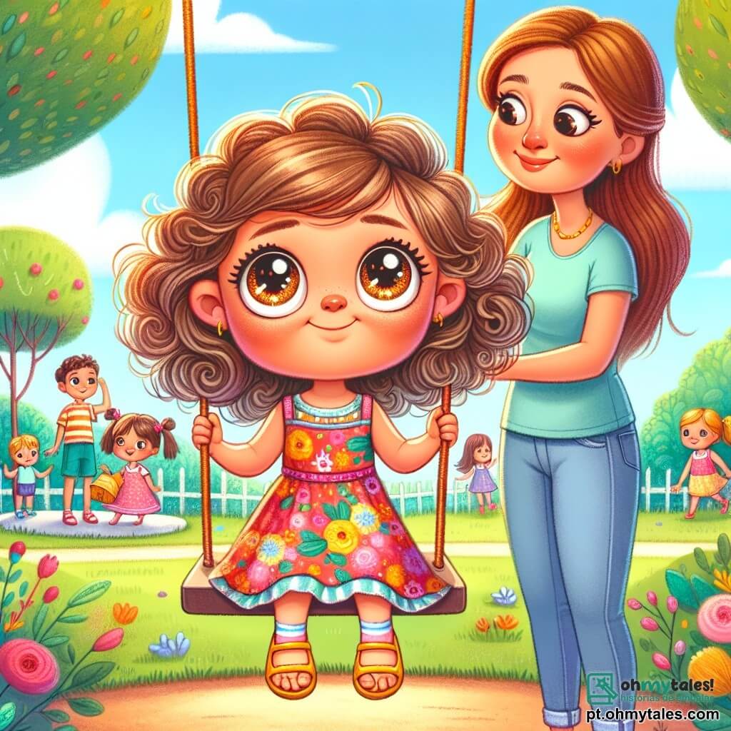 Uma menina de 2 anos, com grandes olhos brilhantes e cabelos cacheados, está sentada em um balanço. Ela tem um sorriso tímido, mas alegre, com as bochechas rosadas de excitação. Ela veste um vestido florido e sandálias amarelas. Ao lado dela, sua mãe, uma mulher de cerca de 30 anos, com cabelos longos e lisos, a observa com um sorriso tranquilizador. Ela está em pé, com as mãos na cintura, vestindo uma camiseta azul e calça jeans. O cenário é um parque ensolarado, com árvores verdes luxuosas, flores coloridas e outras crianças brincando ao longe. O céu é de um azul brilhante, salpicado de algumas nuvens brancas e fofas. A menina balança suavemente, um misto de excitação e nervosismo em seu rosto, enquanto sua mãe a incentiva com ternura.