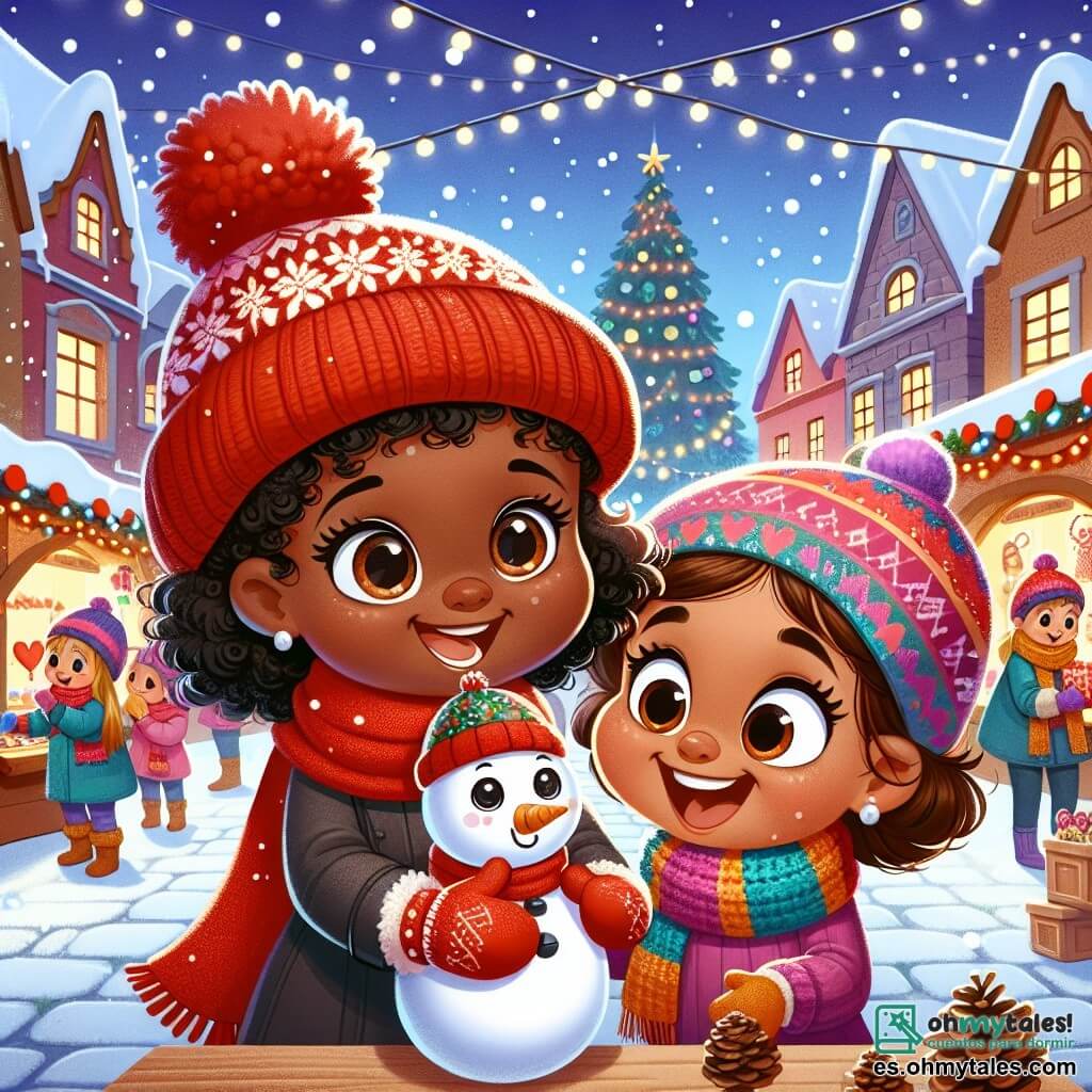 Una niña de 7 años, con grandes ojos curiosos y una sonrisa radiante, lleva un gorro rojo tejido por su abuela. Sostiene un pequeño muñeco de nieve hecho de piñas, con su rostro iluminado por la emoción y la magia de la Navidad. A su lado, otra niña, Sofía, de 8 años, con cabello rizado y una bufanda colorida, sonríe alegremente mientras muestra una hermosa bufanda de lana que vende con su abuela. Al fondo, la plaza del pueblo de Villanieve está decorada con luces brillantes y un gran árbol de Navidad, rodeado de coloridos puestos que ofrecen dulces y juguetes de madera, mientras la nieve cae suavemente, creando un ambiente mágico. La escena representa el momento en que Mariana, la niña, se reencuentra con su madre después de una pequeña aventura en el mercado navideño, rodeada de risas y alegría, simbolizando el cálido y mágico espíritu de esta época festiva.