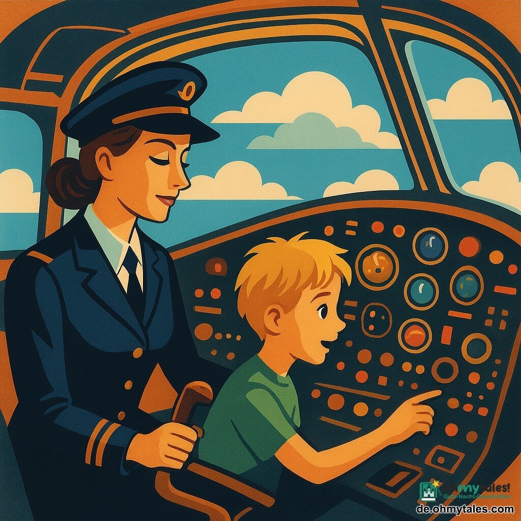 Eine Pilotin, Mira, sitzt konzentriert und gelassen im Cockpit eines Flugzeugs, mit einer leicht schief sitzenden Pilotenmütze. Sie hat braune, zu einem Zopf gebundene Haare und trägt eine dunkelblaue Uniform mit goldenen Schulterklappen. Neben ihr beobachtet ein 11-jähriger Junge, Jona, fasziniert die Instrumente des Armaturenbretts. Er hat zerzauste blonde Haare und trägt ein grünes T-Shirt. Das Cockpit ist voller bunter Knöpfe und blinkender Lichter, mit einem großen Fenster, das den Blick auf den blauen Himmel und die bauschigen Wolken freigibt. Das Flugzeug ist im Flug, gleitet sanft durch die Wolken und schafft eine Atmosphäre der Ruhe und Beherrschung.