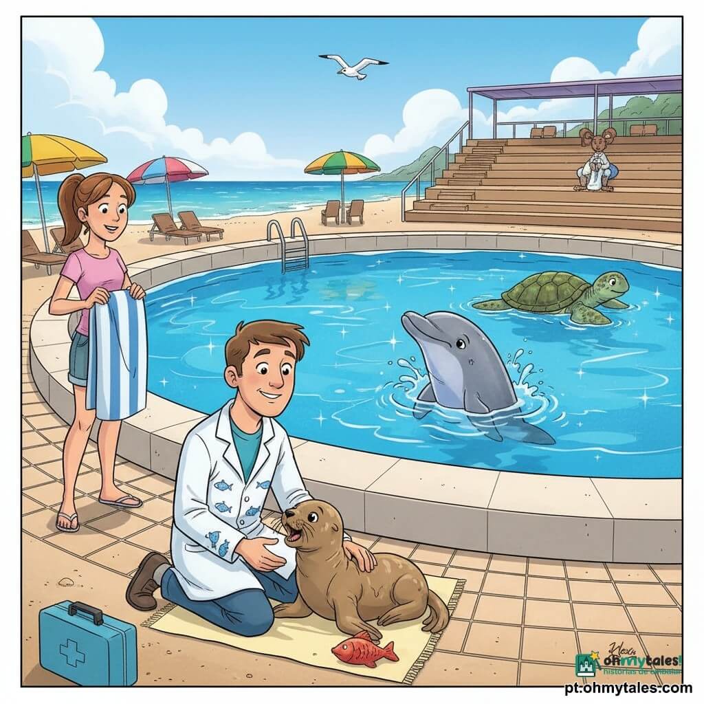 Um veterinário sorridente e gentil, cabelos castanhos curtos, de jaleco branco com pequenos peixes, ajoelhado na borda de uma grande piscina azul, segura uma maleta azul e acaricia ternamente um filhote de leão-marinho; à esquerda, a bióloga Júlia, cerca de 25 anos, cabelo castanho preso em rabo de cavalo, roupa casual, segura uma grande toalha listrada e observa com admiração; outro filhote menor brinca com um peixinho de borracha, o golfinho Zeca, prateado, ergue a cabeça fora da água saudando com respingos brilhantes, e a tartaruga gigante Dona Sal flutua ao fundo; local: centro marinho na praia com piscina circular azul intensa, gradis de madeira e guarda-sóis coloridos; cena calorosa e reconfortante, cores vivas, traço de banda desenhada europeu, expressões exageradas e amigáveis, composição centrada no trio veterinário–filhote–bióloga.