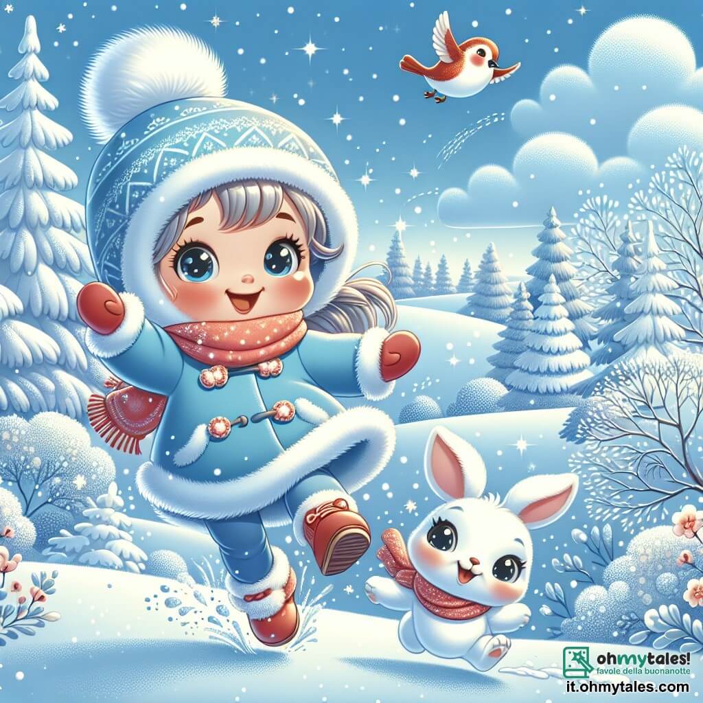 Una bambina di un anno, con grandi occhi brillanti e guance rosa, indossa un bel cappotto blu, guanti rossi e un berretto giallo. Sta saltando felicemente nella neve, spruzzando fiocchi intorno a lei con un grande sorriso meravigliato sul volto. Accanto a lei, un piccolo coniglio bianco, con grandi orecchie e pelo morbido, salta nella neve, sembrando giocherellone e felice. Sullo sfondo, un pettirosso rosso, posato su un ramo d'albero innevato, canta una dolce melodia, aggiungendo un tocco di magia alla scena. Il luogo è un paesaggio invernale incantevole, con alberi coperti di neve scintillante, un cielo azzurro e colline bianche a perdita d'occhio. La scena principale mostra la bambina che gioca nella neve, circondata dai suoi nuovi amici animali, condividendo momenti di gioia e meraviglia nel scoprire le bellezze dell'inverno.