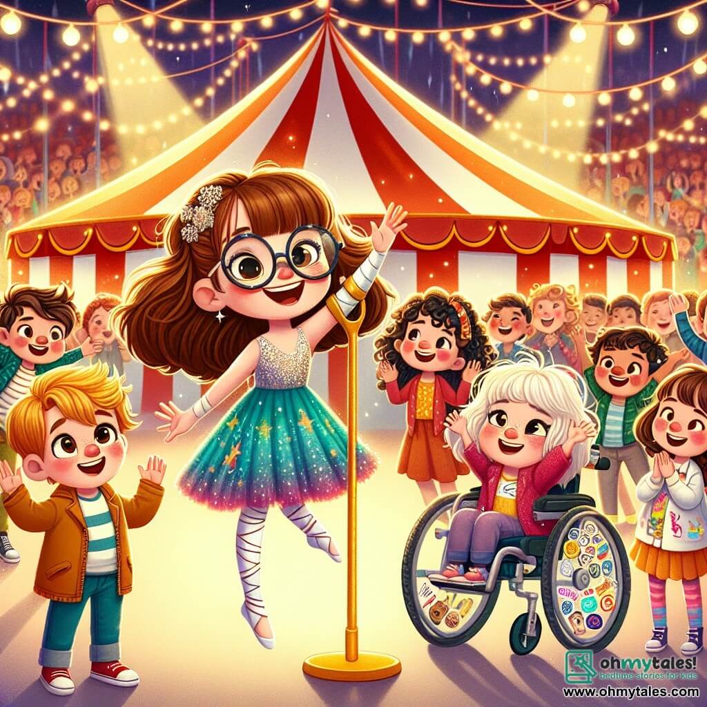 In the center of the image, Mia, a 10-year-old girl with brown hair and glasses, smiles enthusiastically while holding a golden cast. To her right, Jake, an 11-year-old boy with messy blonde hair, raises his arms in excitement. On the left, Emma, a 9-year-old girl with braids and a colorful dress, claps in awe, while Leo, a 10-year-old boy in a wheelchair decorated with stickers, beams with excitement. In the background, the circus tent stands majestically with its red and yellow stripes waving in the wind. Sparkling lights illuminate the scene, and amazed spectators surround the area, applauding. The main scene shows the tightrope walker, an elegant woman in a sparkling costume, gracefully walking on a tightrope, while the group of children cheers her on with smiles and joyful shouts. The atmosphere is festive, filled with magic and wonder, capturing the spirit of an unforgettable day at the circus.