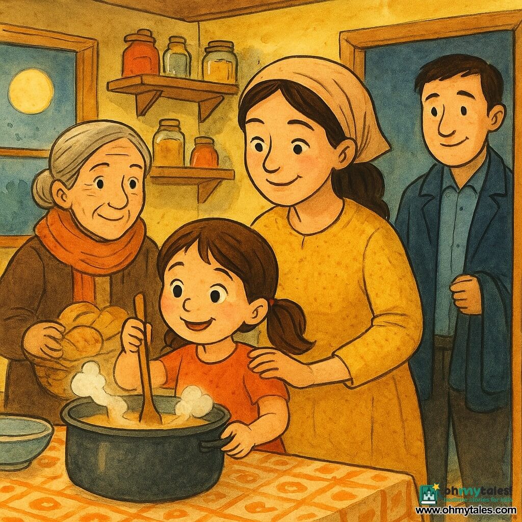 A joyful 4-year-old girl with brown pigtails stirs a steaming pot with a large wooden spoon in the center of a warm, bright kitchen while her mother, about 30, stands beside her with a gentle smile and a hand on the girl's shoulder; a gray‑haired grandmother holding a basket of bread enters by the door and a shy neighbor in his mid‑30s stands behind her with a coat over his arm, all gathered around a table under a round moonlit window as the girl's steam forms a small smiling cloud symbolizing "kindness".