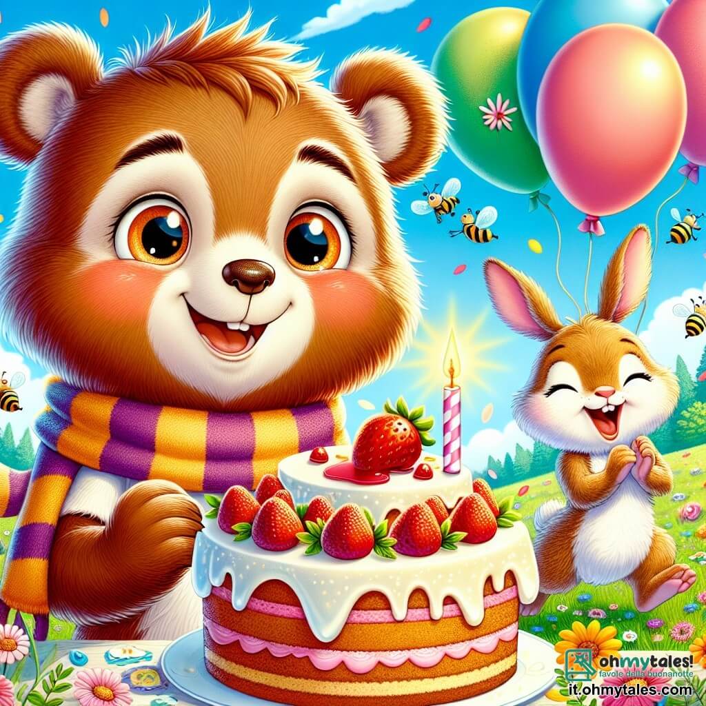 Al centro dell'immagine, un giovane orso bruno di nome Tobia, con il pelo morbido e gli occhi scintillanti di gioia, sorride ampiamente mentre tiene una enorme fetta di torta alla fragola. Indossa una sciarpa a righe con motivi di api, e il suo naso è leggermente appiccicoso di miele, rendendolo ancora più adorabile. Accanto a lui, Emma la lepre, con il pelo beige e le grandi orecchie in piedi, salta di gioia tenendo un pallone rosa acceso. Ha un sorriso radioso e i suoi occhi brillano di eccitazione. Poco più in là, il vecchio signor Tasso, un animale dal pelo bruno con un cappello buffo, applaude con entusiasmo, il suo viso che irradia orgoglio per Tobia. La scena si svolge in un bel prato verde, punteggiato di fiori colorati e illuminato dalla luce dorata del sole. Palloni di tutti i colori fluttuano nell'aria, e un grande tavolo è imbandito con torte, caramelle e bevande frizzanti. La situazione principale mostra Tobia circondato dai suoi amici, tutti intenti a cantare "Tanti auguri" con sorrisi brillanti, mentre un drago verde gioioso, Drin, fa magia soffiando bolle di sapone colorate sopra di loro, aggiungendo un tocco di magia a questa festa indimenticabile.